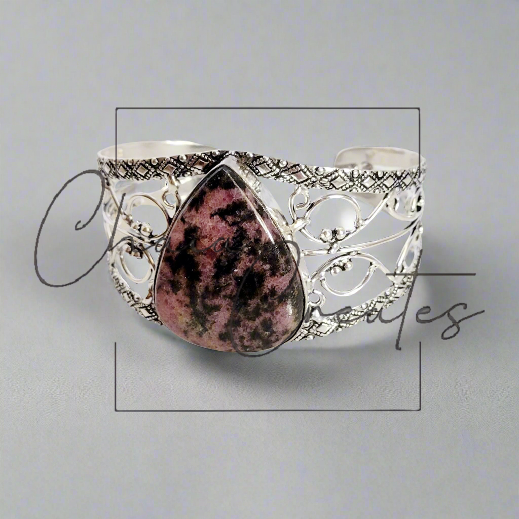 Pink Rhodonite .925 Sterling Silver Cuff Bracelet