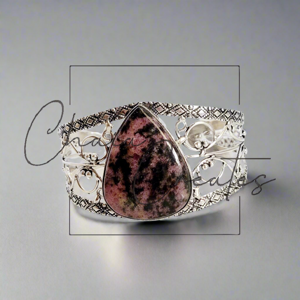 Pink Rhodonite .925 Sterling Silver Cuff Bracelet