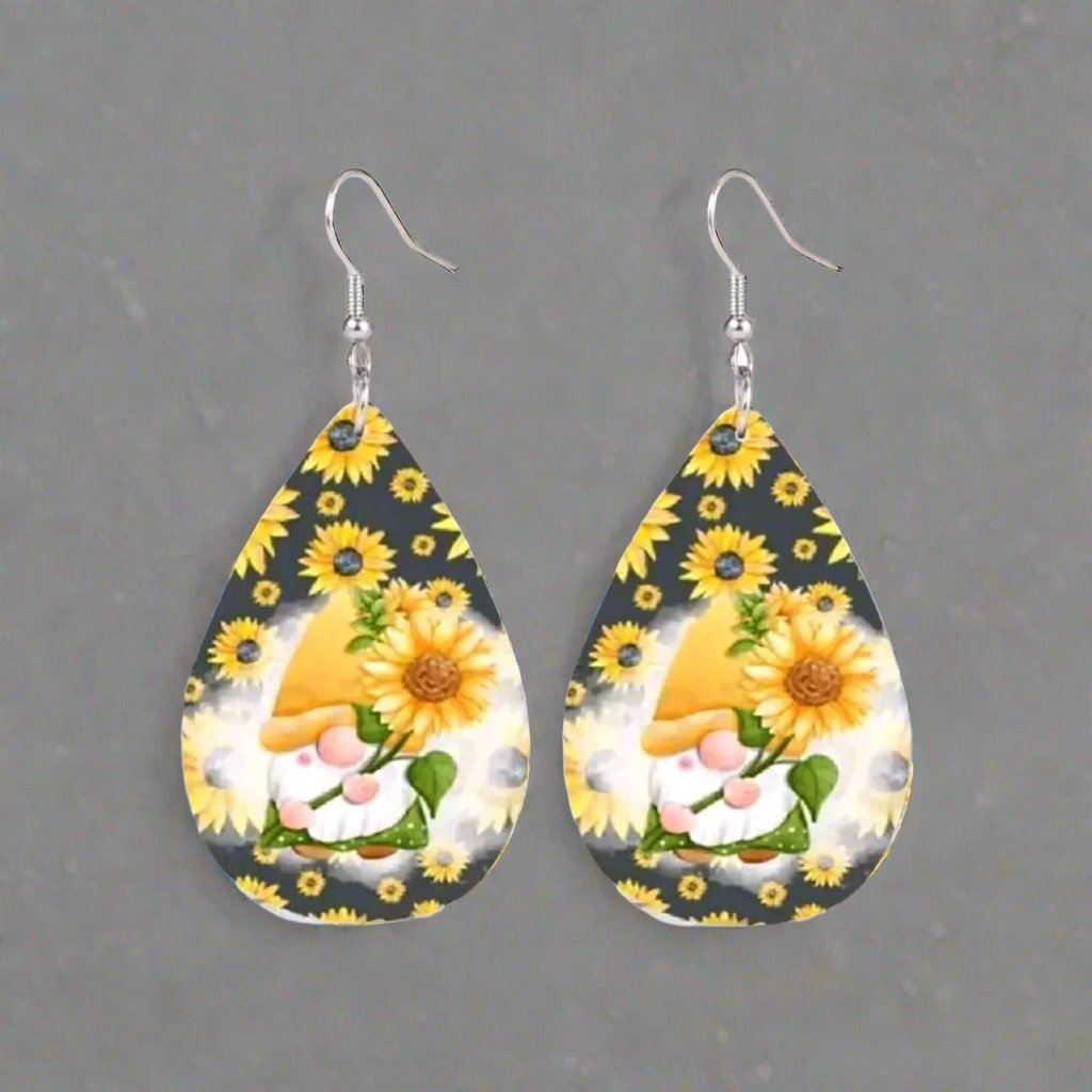 Sunflower Pattern Gnome Summer Spring Teardrop Leather Earrings Elegant Charm