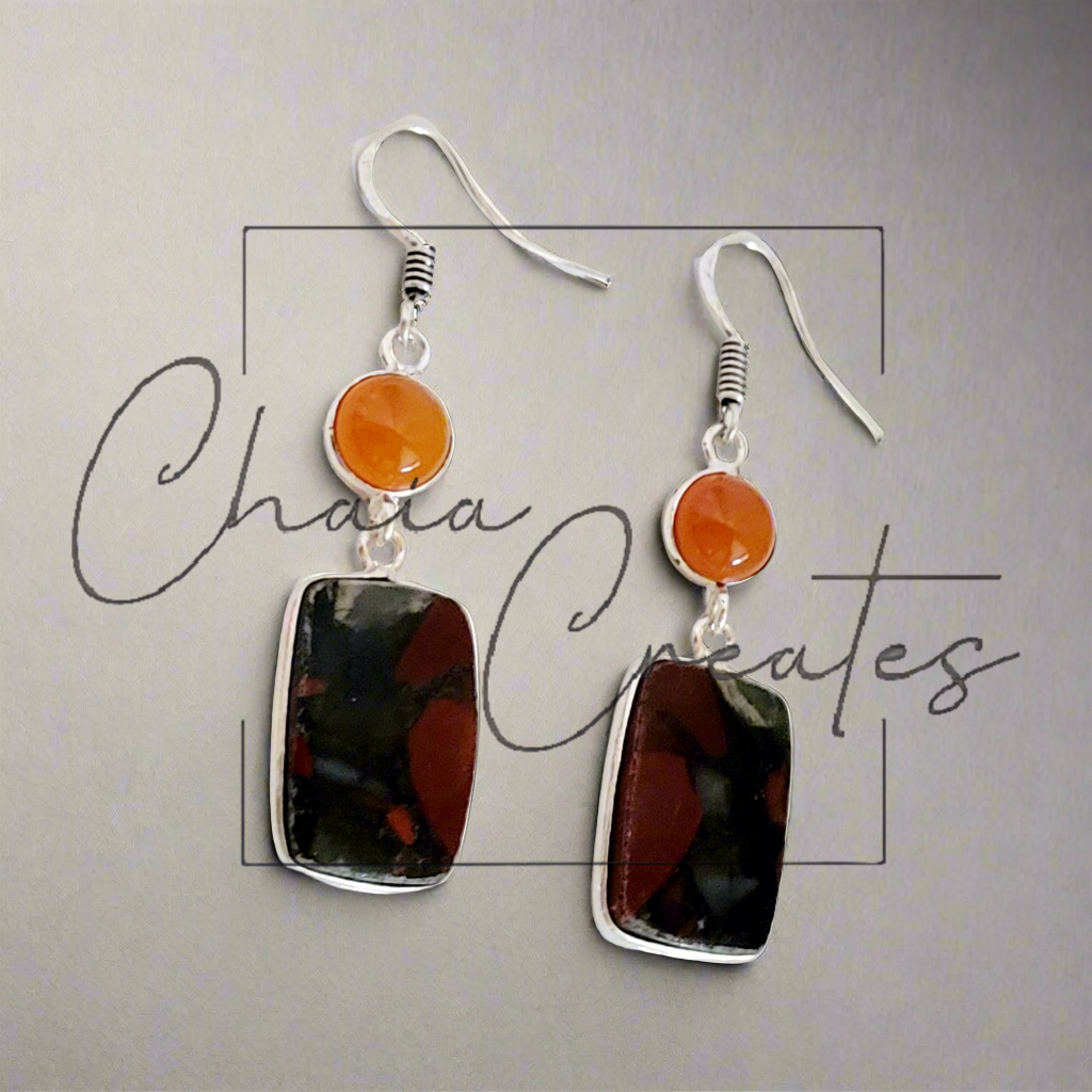 Carnelian and Bloodstone .925 Sterling Silver Dangle Earrings