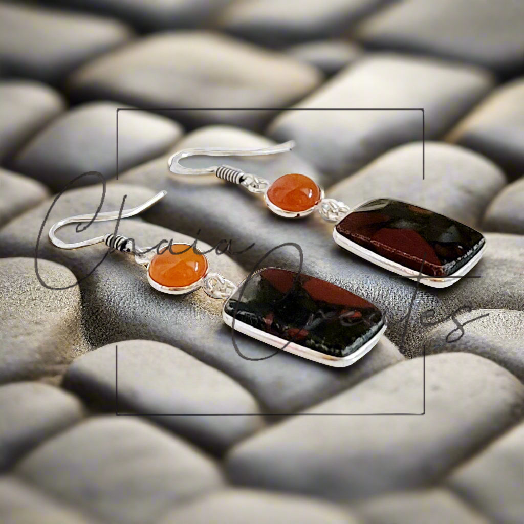 Carnelian and Bloodstone .925 Sterling Silver Dangle Earrings