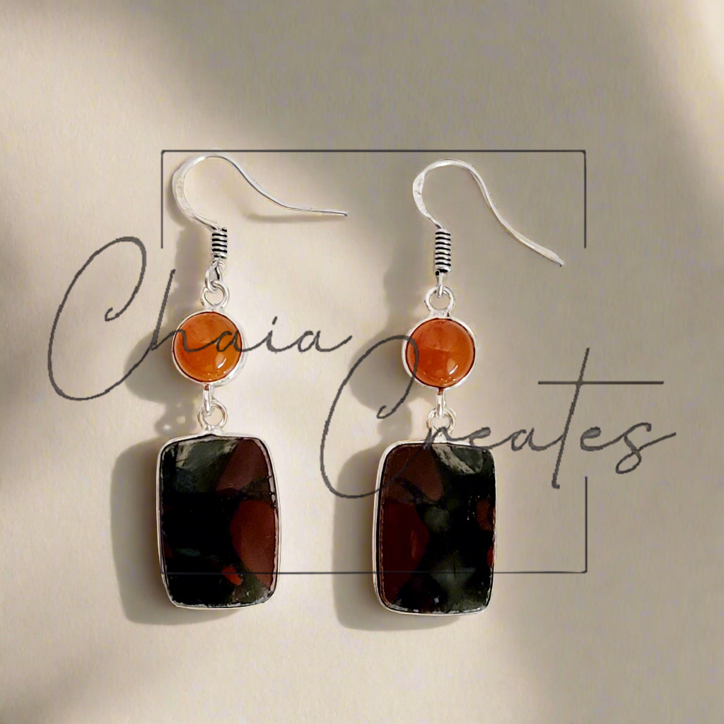 Carnelian and Bloodstone .925 Sterling Silver Dangle Earrings