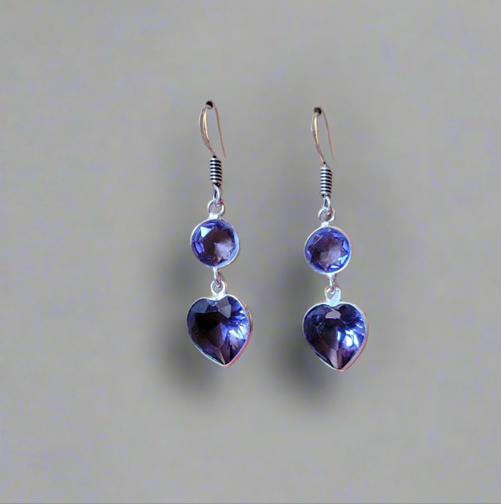 Heart & Circle Tanzanite Dangle Earrings in .925 Sterling Silver Handmade Artisan Jewelry