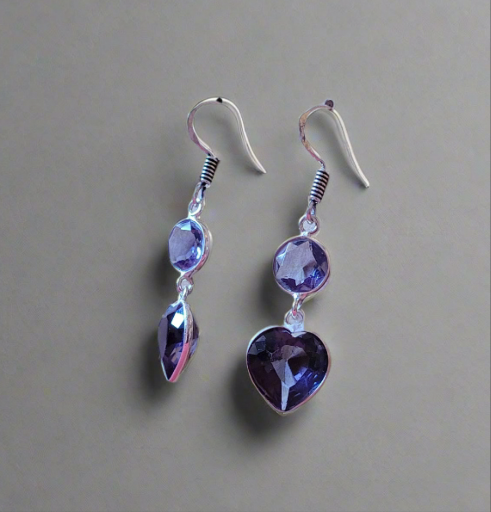 Heart & Circle Tanzanite Dangle Earrings in .925 Sterling Silver Handmade Artisan Jewelry