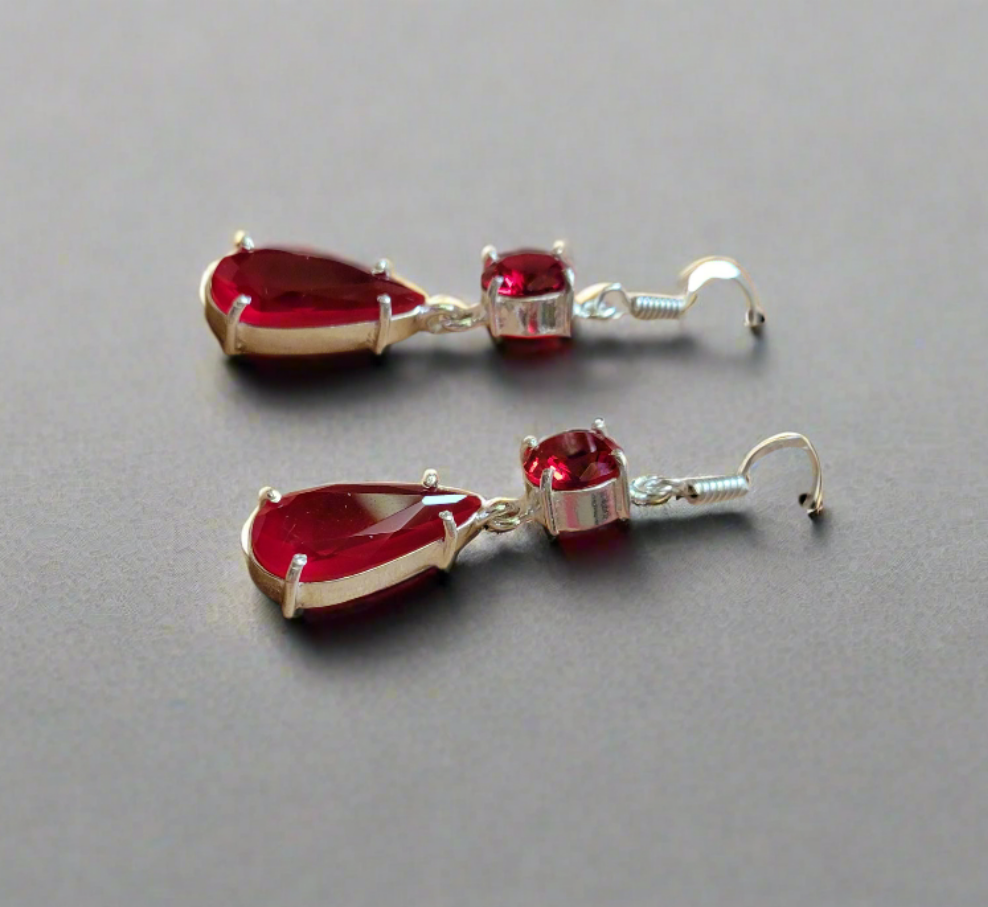 Garnet Teardrop Dangle Earrings in .925 Sterling Silver Handmade Artisan Jewelry