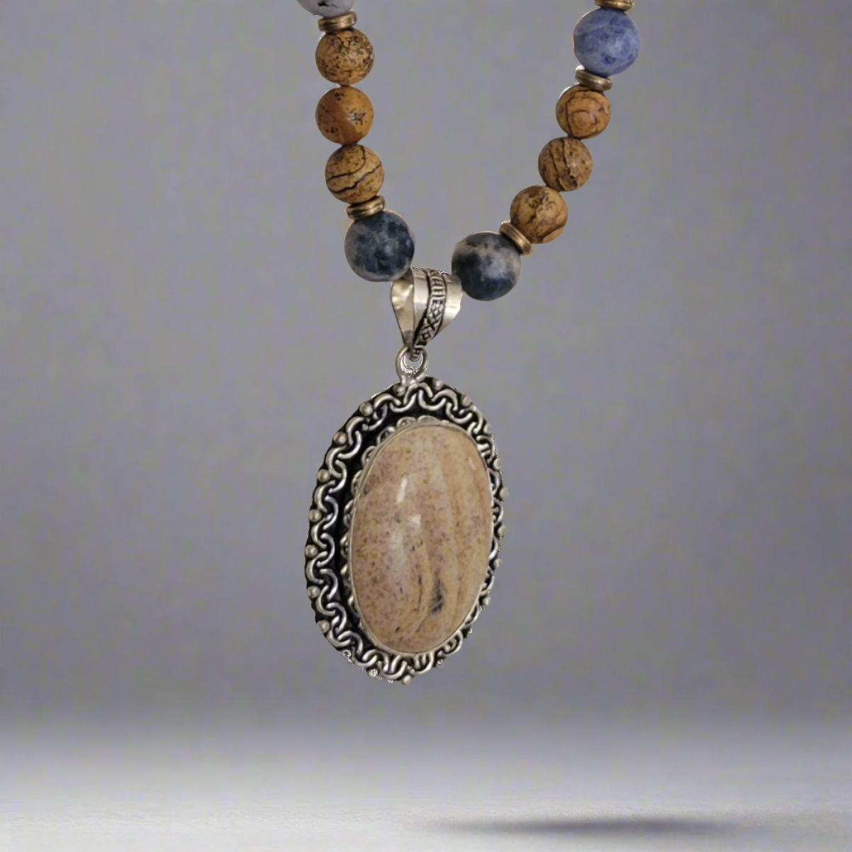 Picture Jasper Blue Spot Jasper Bead Necklace Picture Jasper 925 Silver Pendant