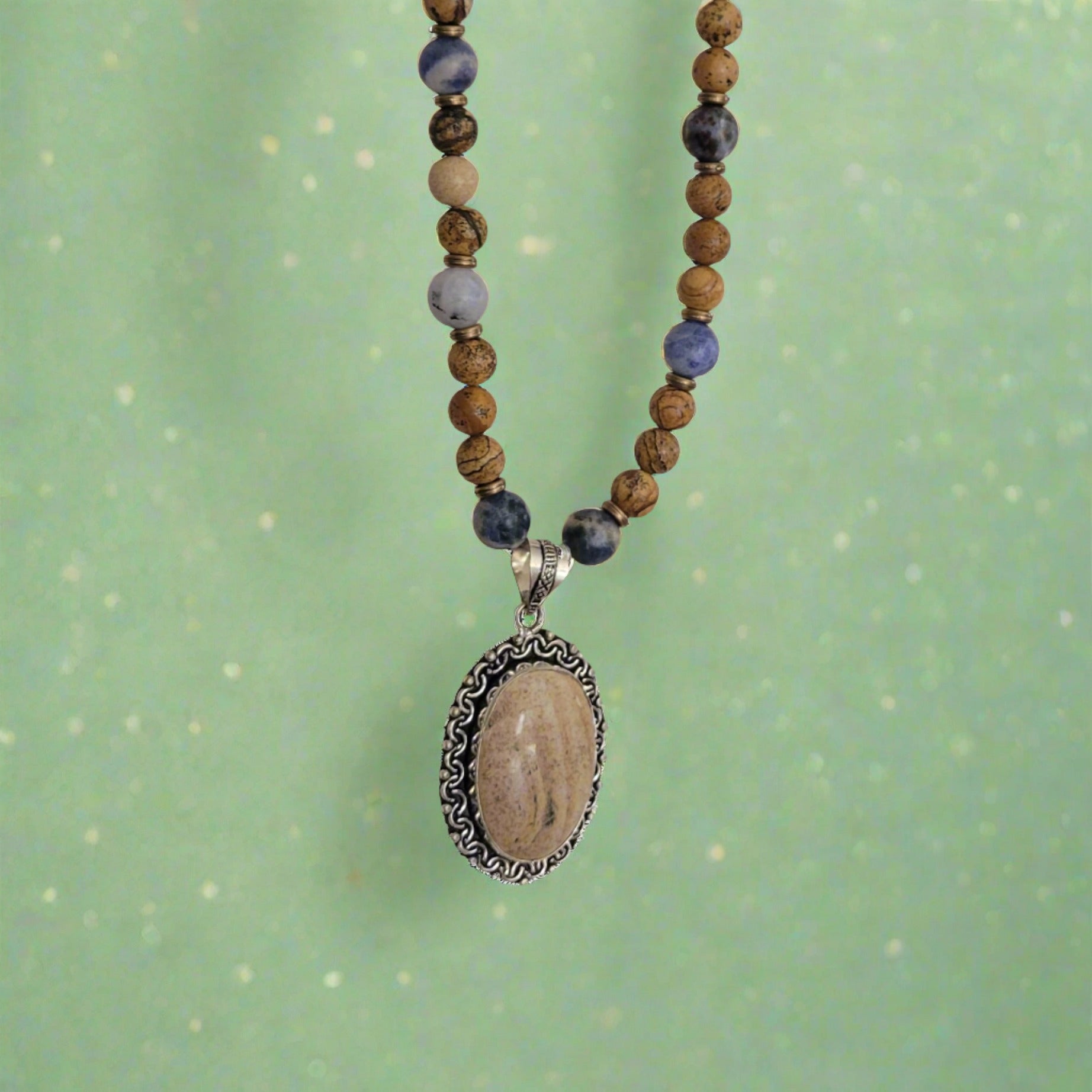 Picture Jasper Blue Spot Jasper Bead Necklace Picture Jasper 925 Silver Pendant