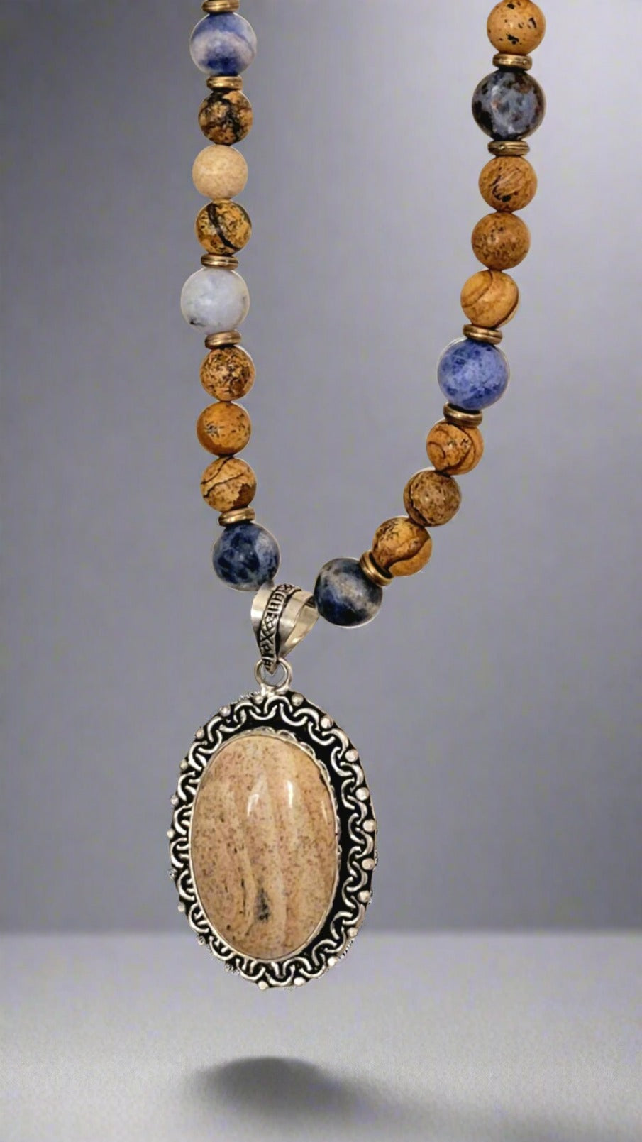 Picture Jasper Blue Spot Jasper Bead Necklace Picture Jasper 925 Silver Pendant