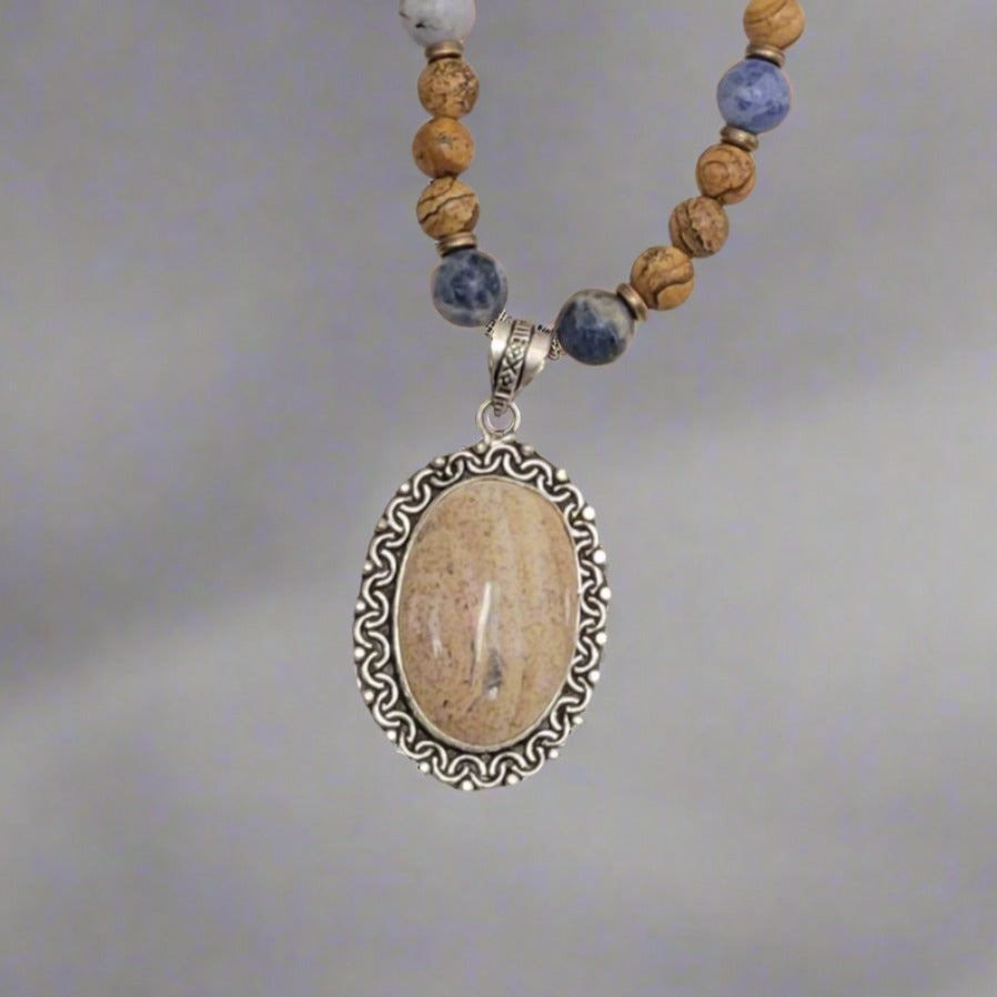 Picture Jasper Blue Spot Jasper Bead Necklace Picture Jasper 925 Silver Pendant