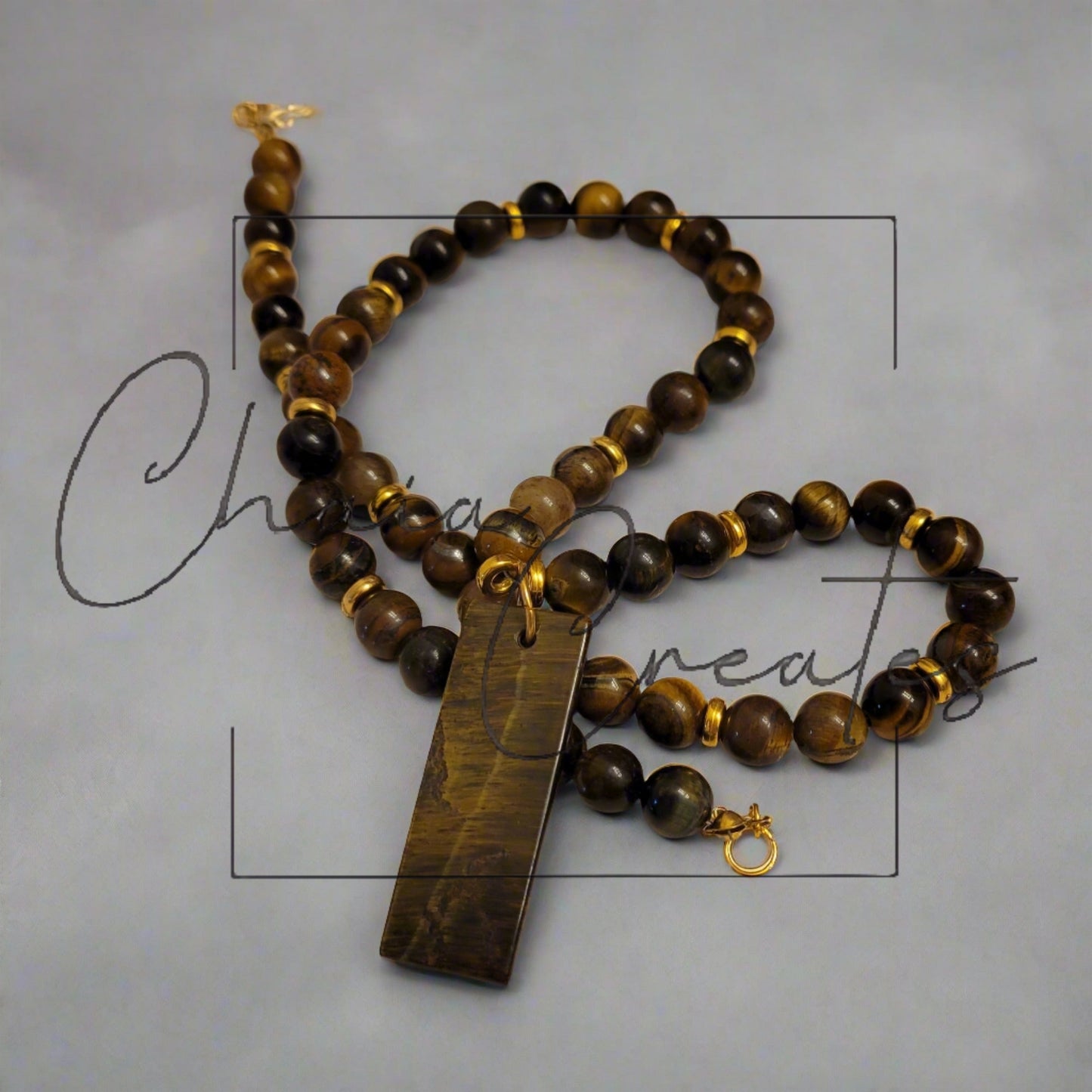 Oblong Tiger's Eye Amulet Pendant Beaded Necklace