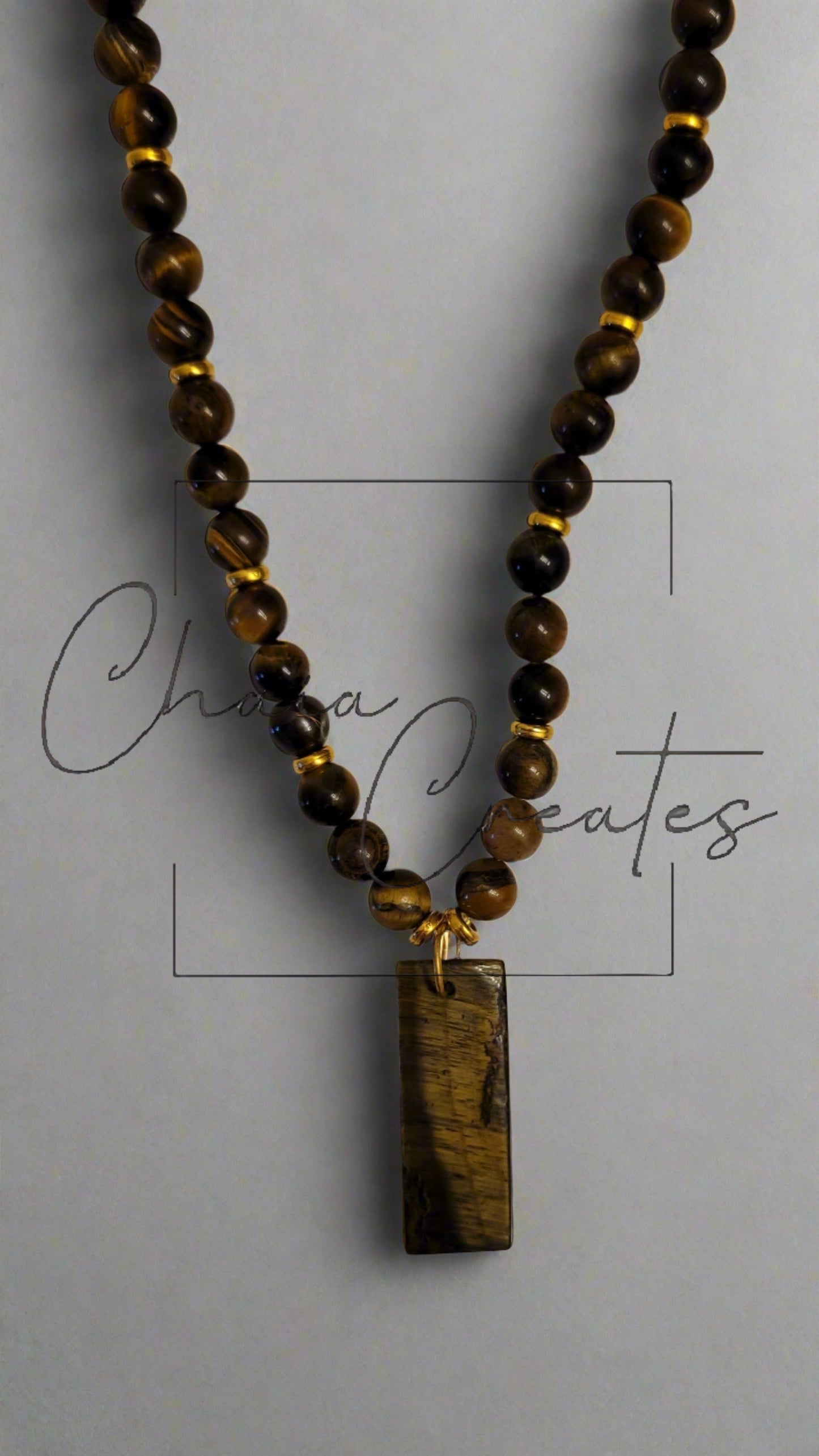 Oblong Tiger's Eye Amulet Pendant Beaded Necklace