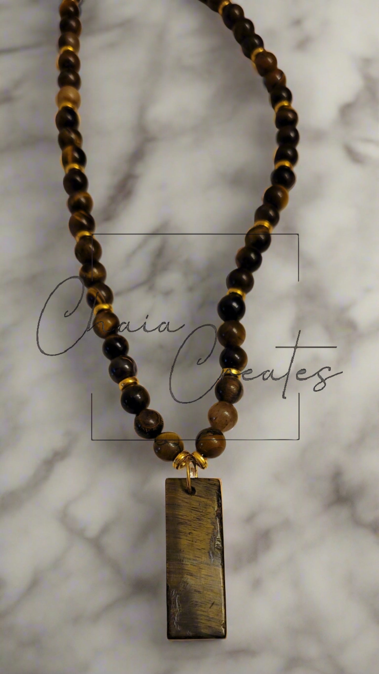 Oblong Tiger's Eye Amulet Pendant Beaded Necklace