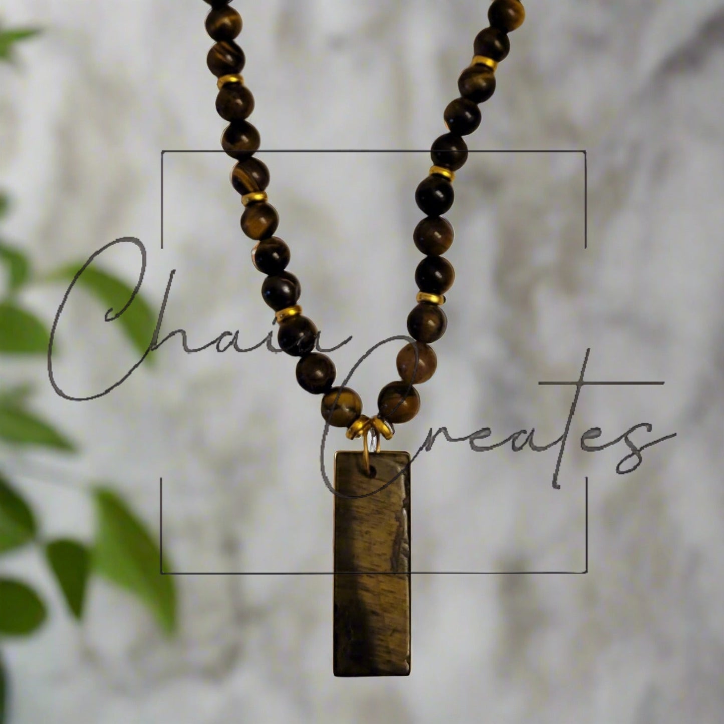 Oblong Tiger's Eye Amulet Pendant Beaded Necklace