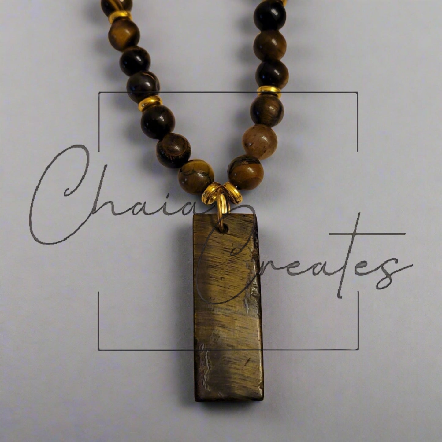 Oblong Tiger's Eye Amulet Pendant Beaded Necklace