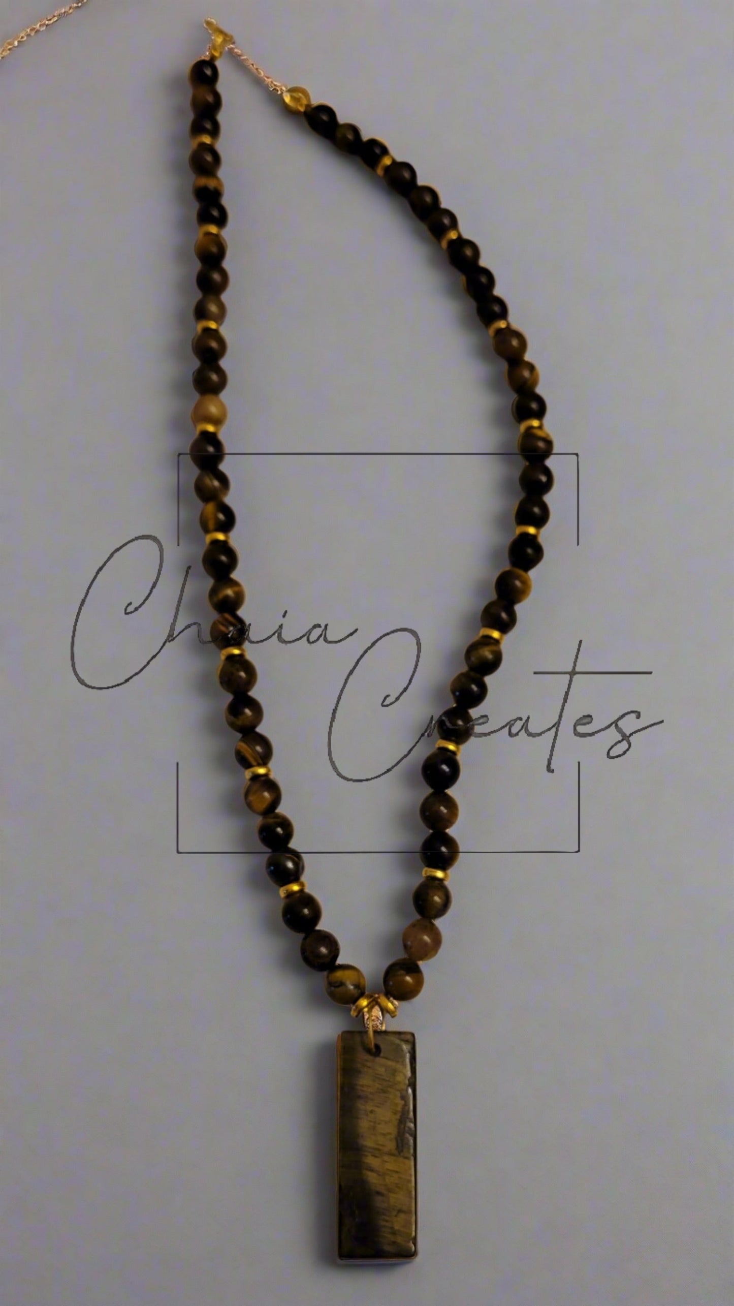 Oblong Tiger's Eye Amulet Pendant Beaded Necklace