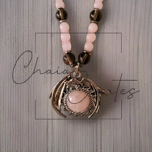 Dragon Amulet Pendant Beaded Necklace [Rose Quartz, Smokey Quartz]