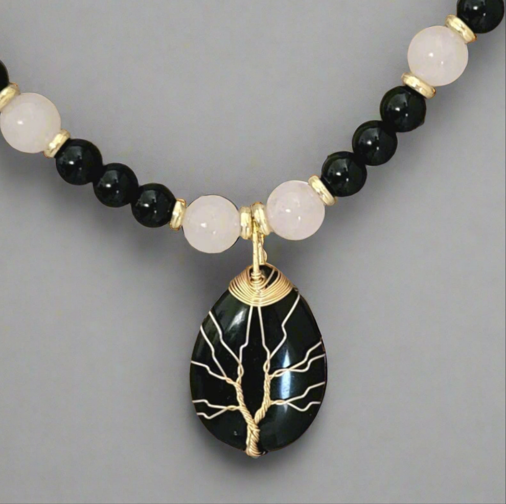 Black Onyx Water Drop Tree of Life Pendant Beaded Necklace [Rose Quartz, Black Onyx]