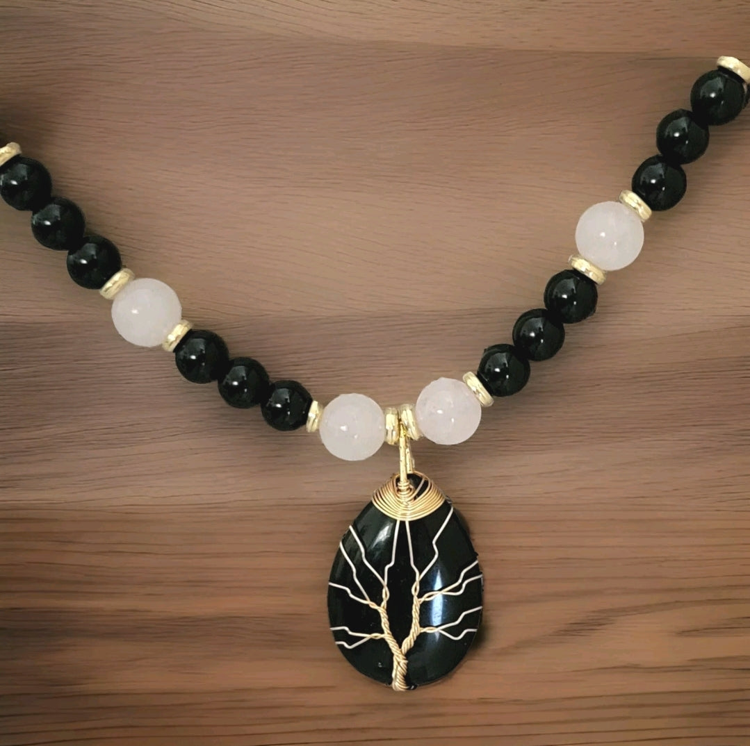 Black Onyx Water Drop Tree of Life Pendant Beaded Necklace [Rose Quartz, Black Onyx]