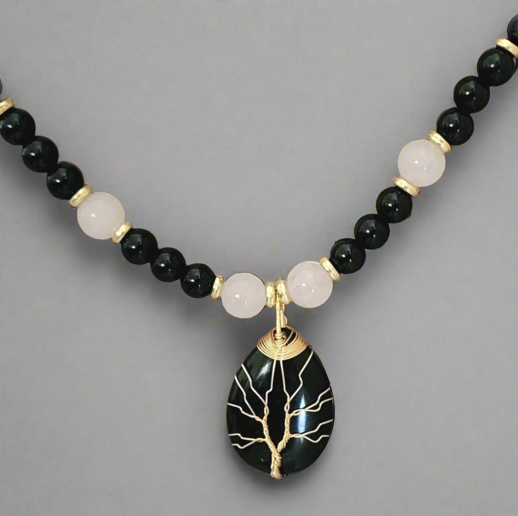 Black Onyx Water Drop Tree of Life Pendant Beaded Necklace [Rose Quartz, Black Onyx]