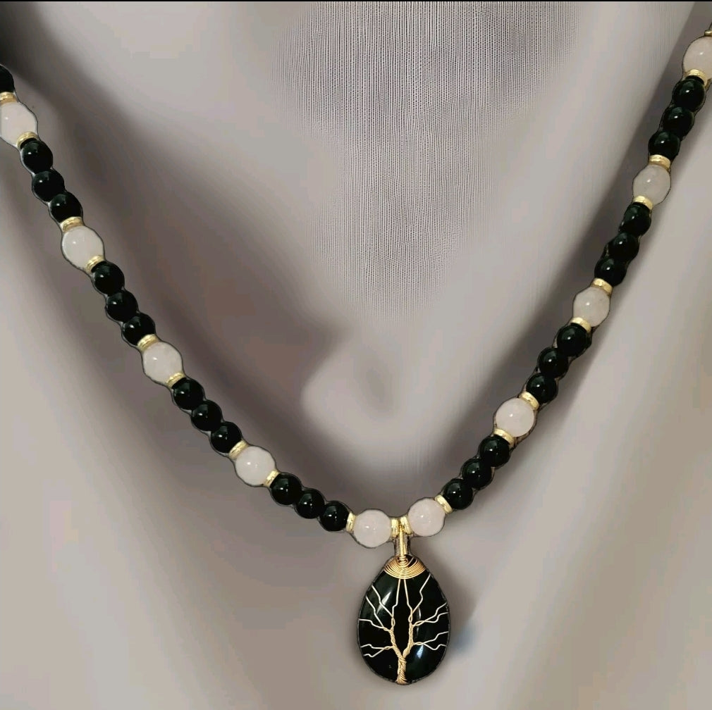 Black Onyx Water Drop Tree of Life Pendant Beaded Necklace [Rose Quartz, Black Onyx]