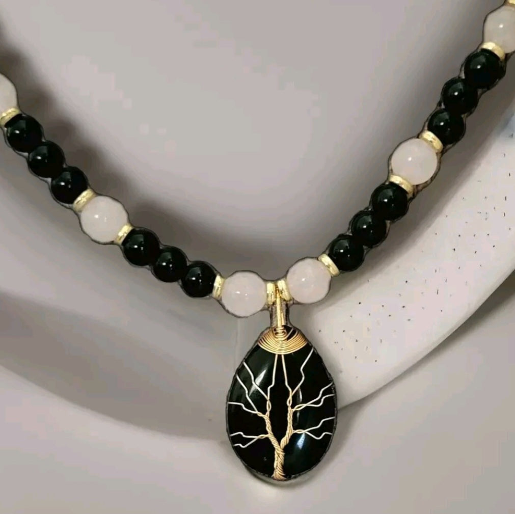 Black Onyx Water Drop Tree of Life Pendant Beaded Necklace [Rose Quartz, Black Onyx]