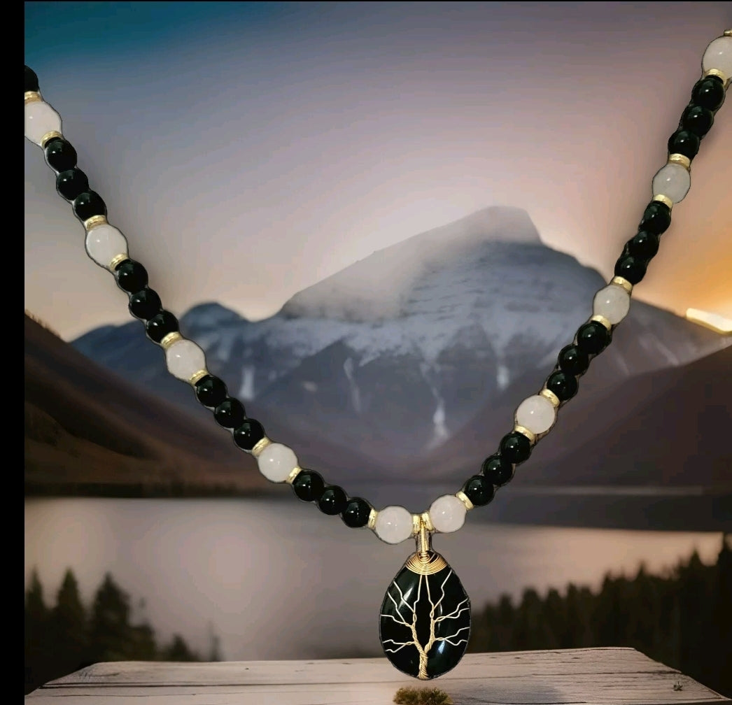 Black Onyx Water Drop Tree of Life Pendant Beaded Necklace [Rose Quartz, Black Onyx]