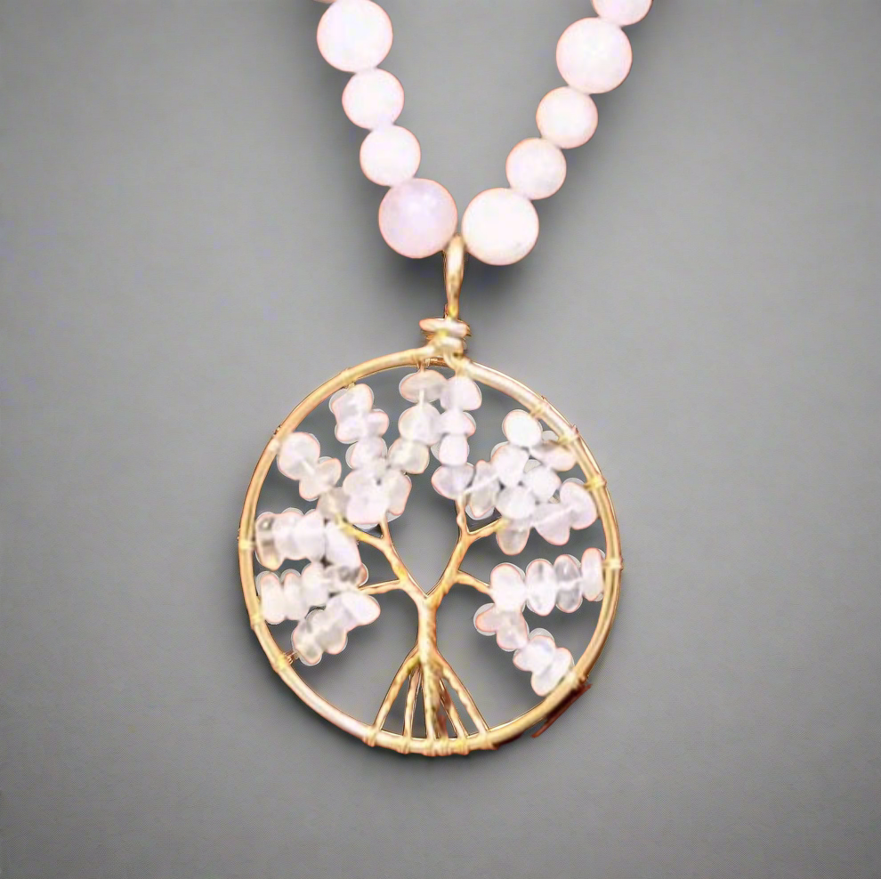 Rose Quartz Tree of Life Pendant Necklace "Golden Harmony"