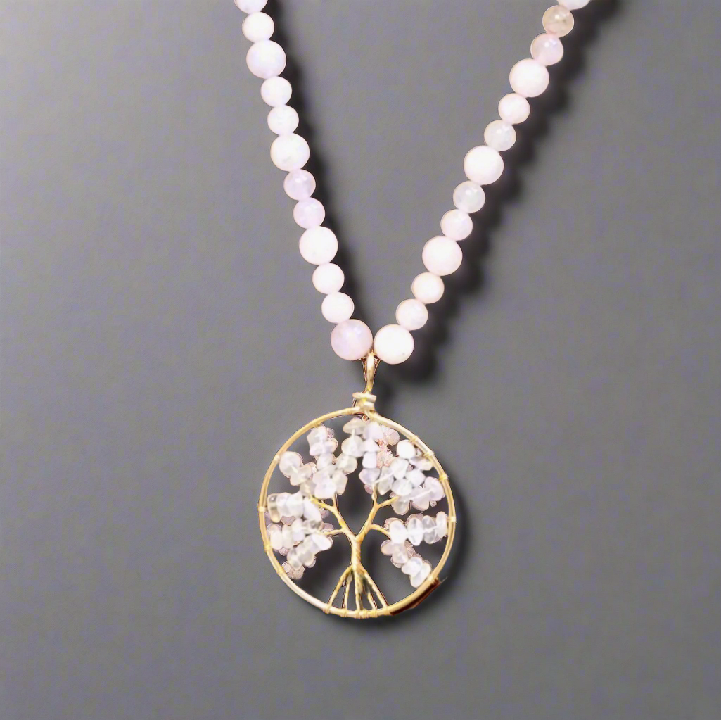 Rose Quartz Tree of Life Pendant Necklace "Golden Harmony"