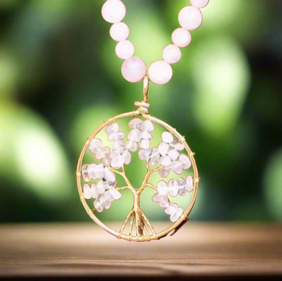 Rose Quartz Tree of Life Pendant Necklace "Golden Harmony"