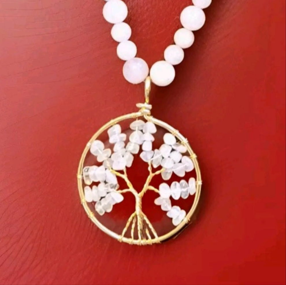 Rose Quartz Tree of Life Pendant Necklace "Golden Harmony"