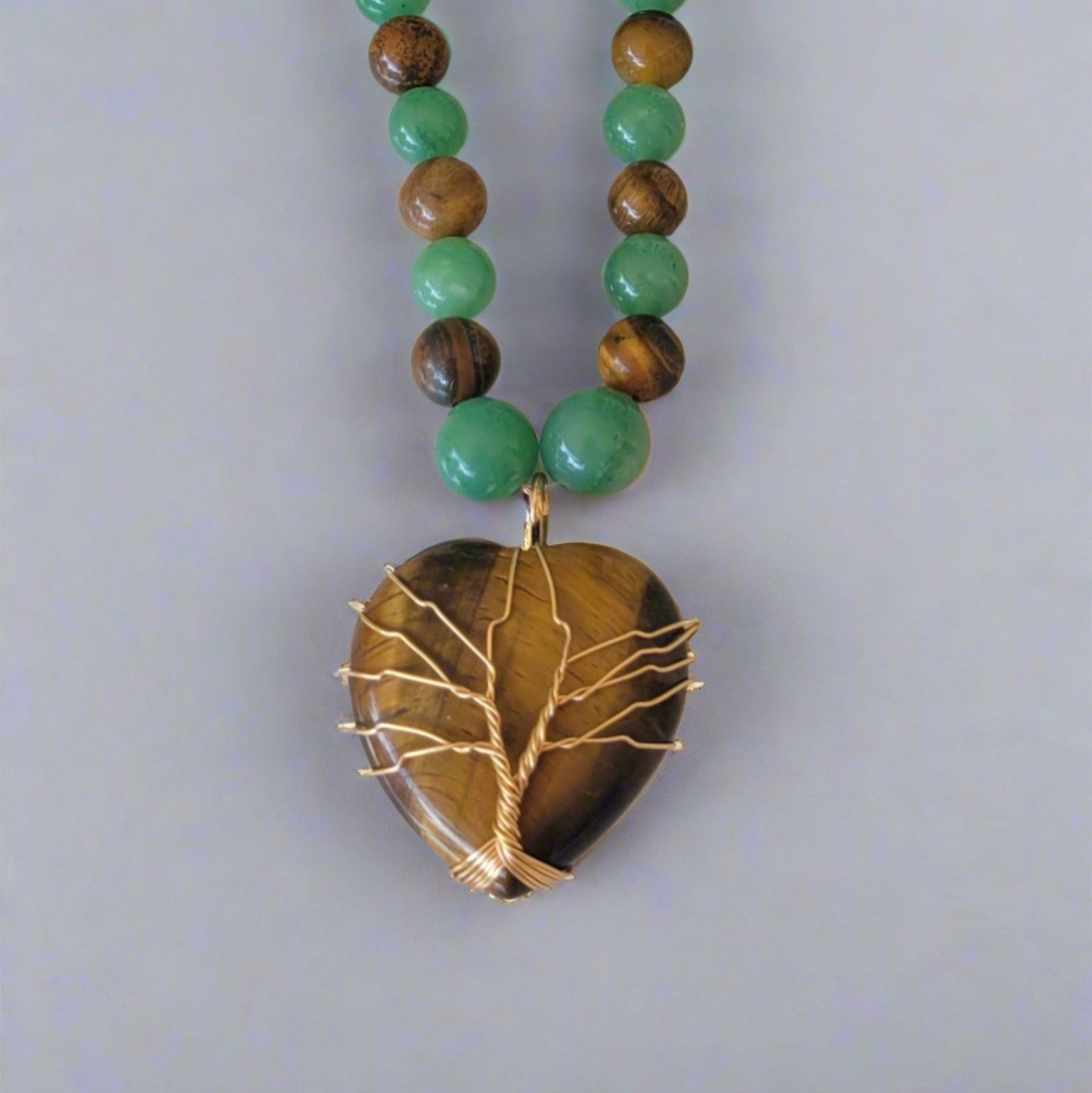 Green Aventurine Heart Golden Tree of Life Pendant on Tiger's Eye Green Aventurine Beaded Necklace