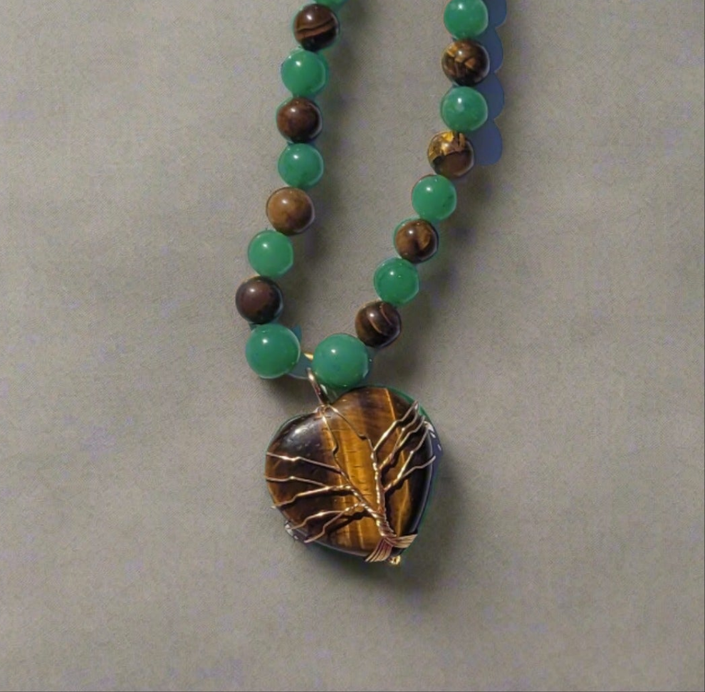 Green Aventurine Heart Golden Tree of Life Pendant on Tiger's Eye Green Aventurine Beaded Necklace