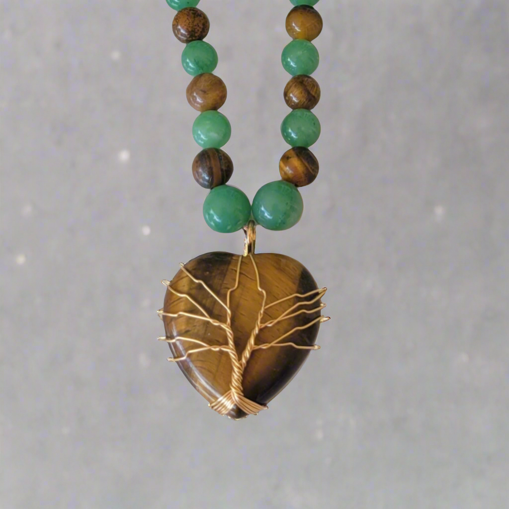 Green Aventurine Heart Golden Tree of Life Pendant on Tiger's Eye Green Aventurine Beaded Necklace