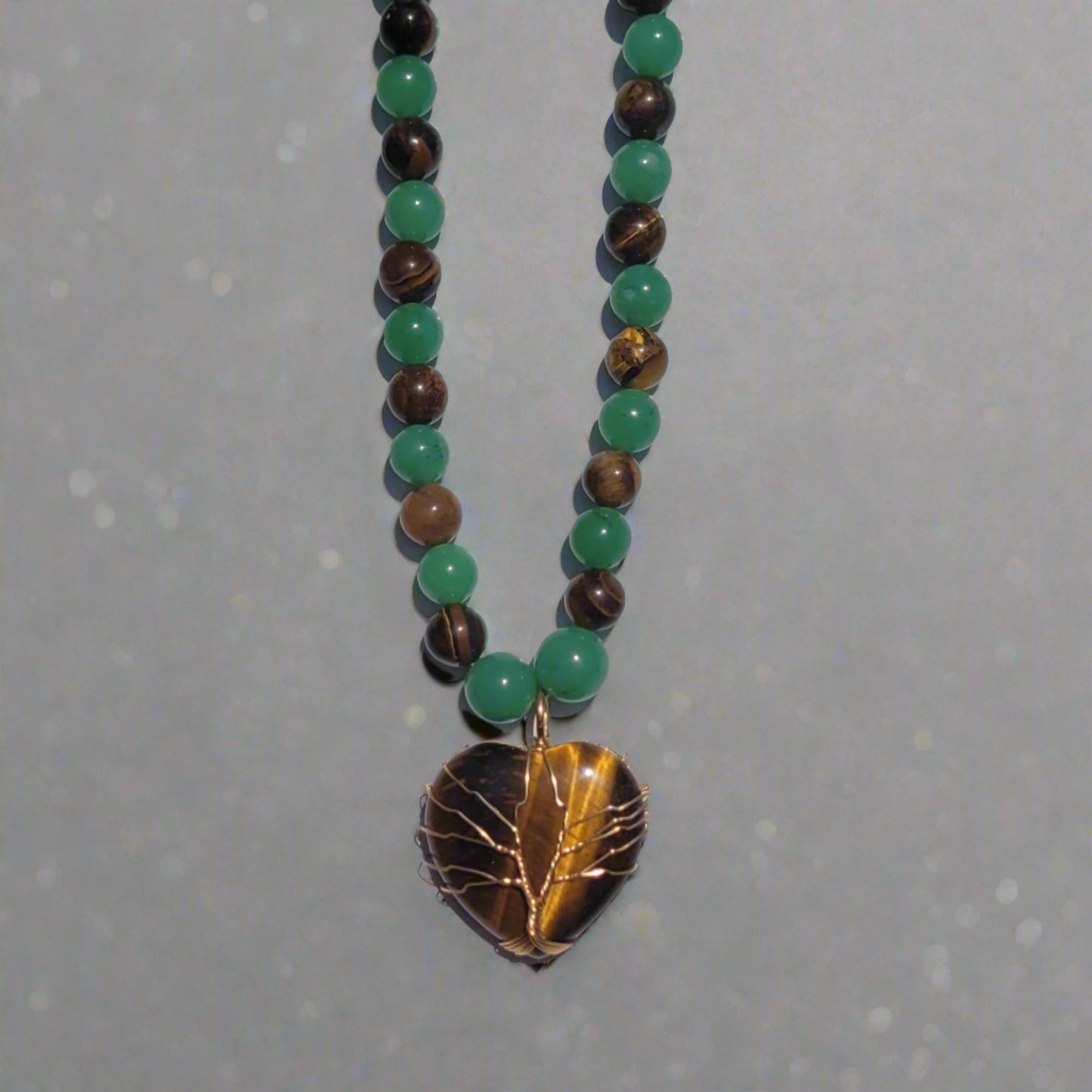 Green Aventurine Heart Golden Tree of Life Pendant Tiger's Eye Green Aventurine Beaded Necklace