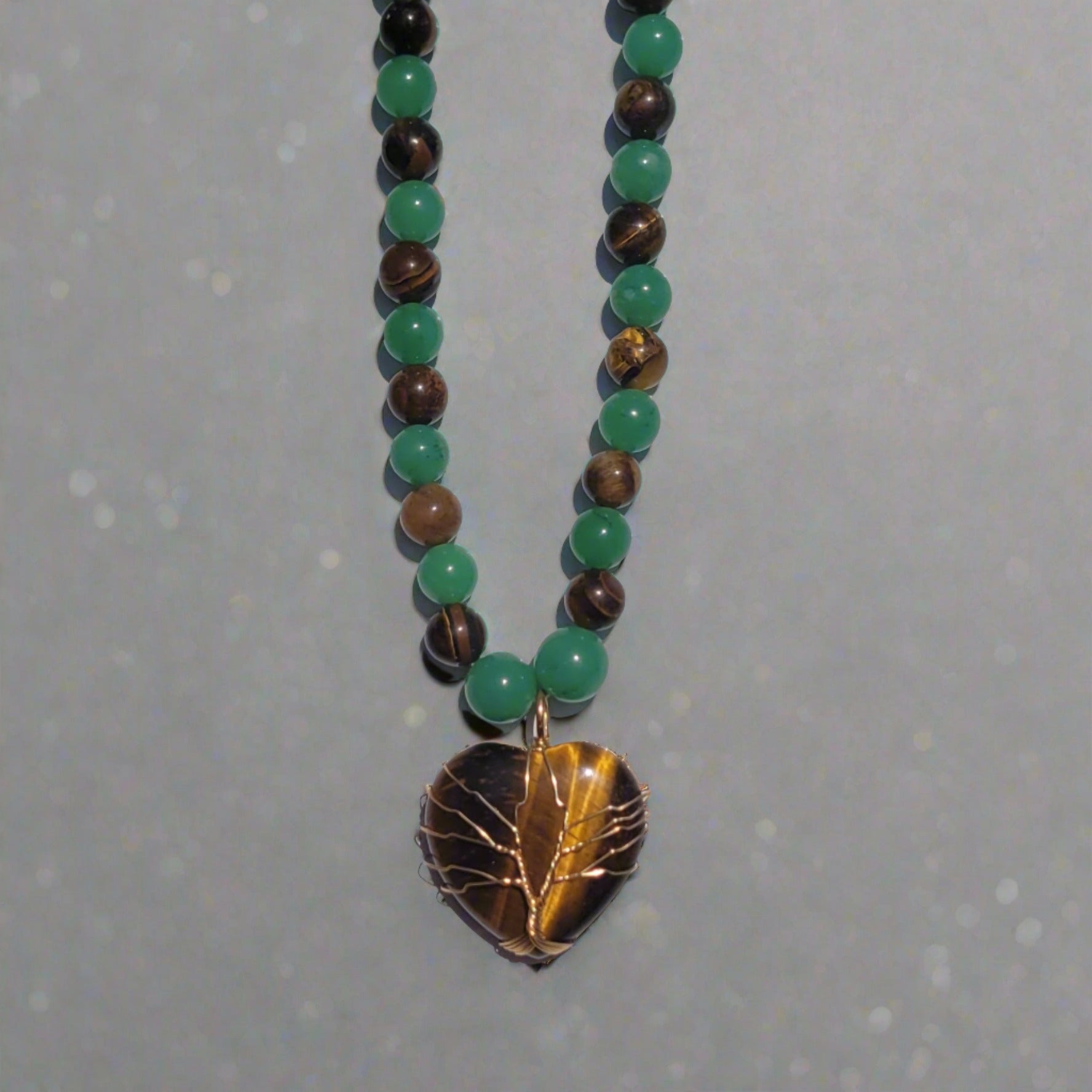 Green Aventurine Heart Golden Tree of Life Pendant Tiger's Eye Green Aventurine Beaded Necklace