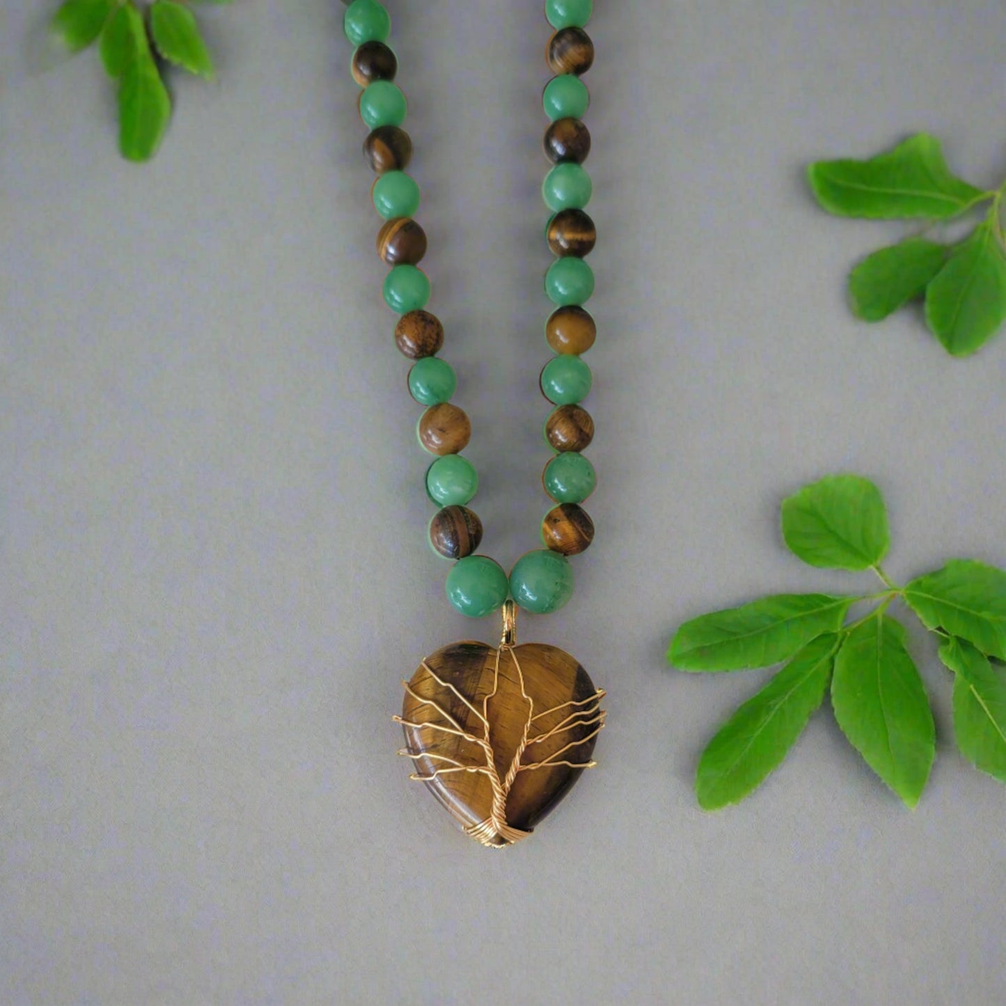 Green Aventurine Heart Golden Tree of Life Pendant Tiger's Eye Green Aventurine Beaded Necklace