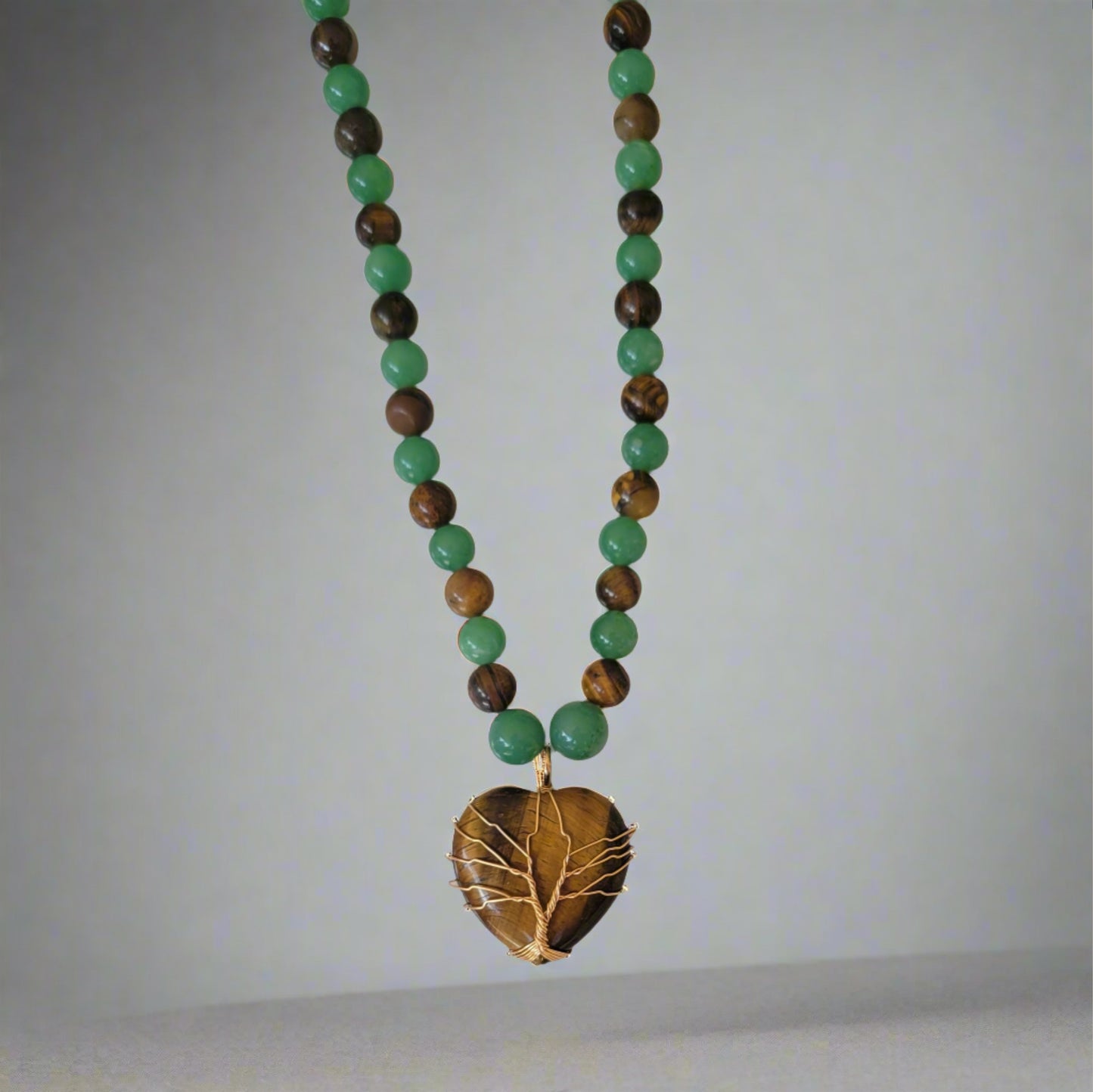 Green Aventurine Heart Golden Tree of Life Pendant Tiger's Eye Green Aventurine Beaded Necklace