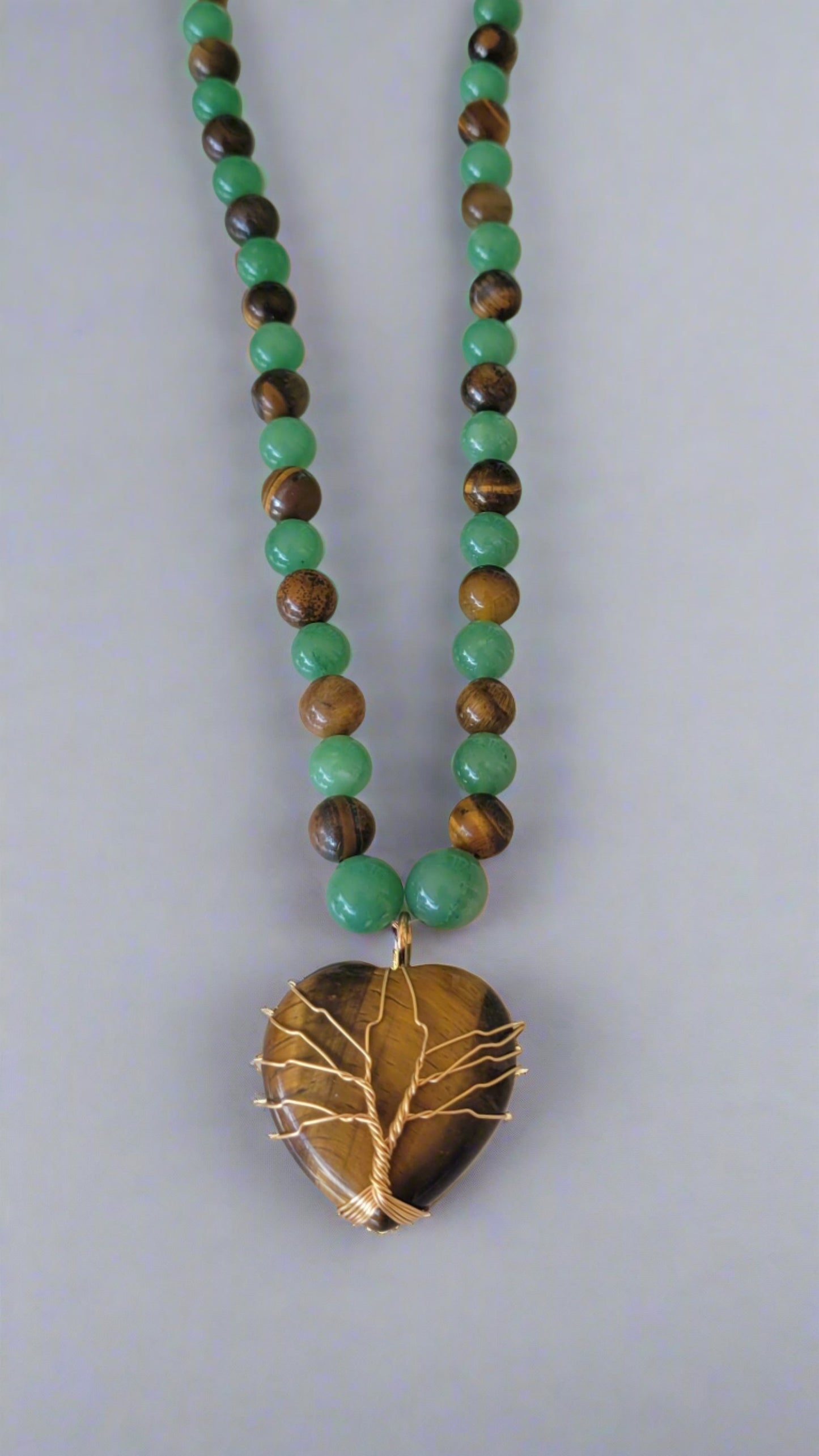 Green Aventurine Heart Golden Tree of Life Pendant Tiger's Eye Green Aventurine Beaded Necklace