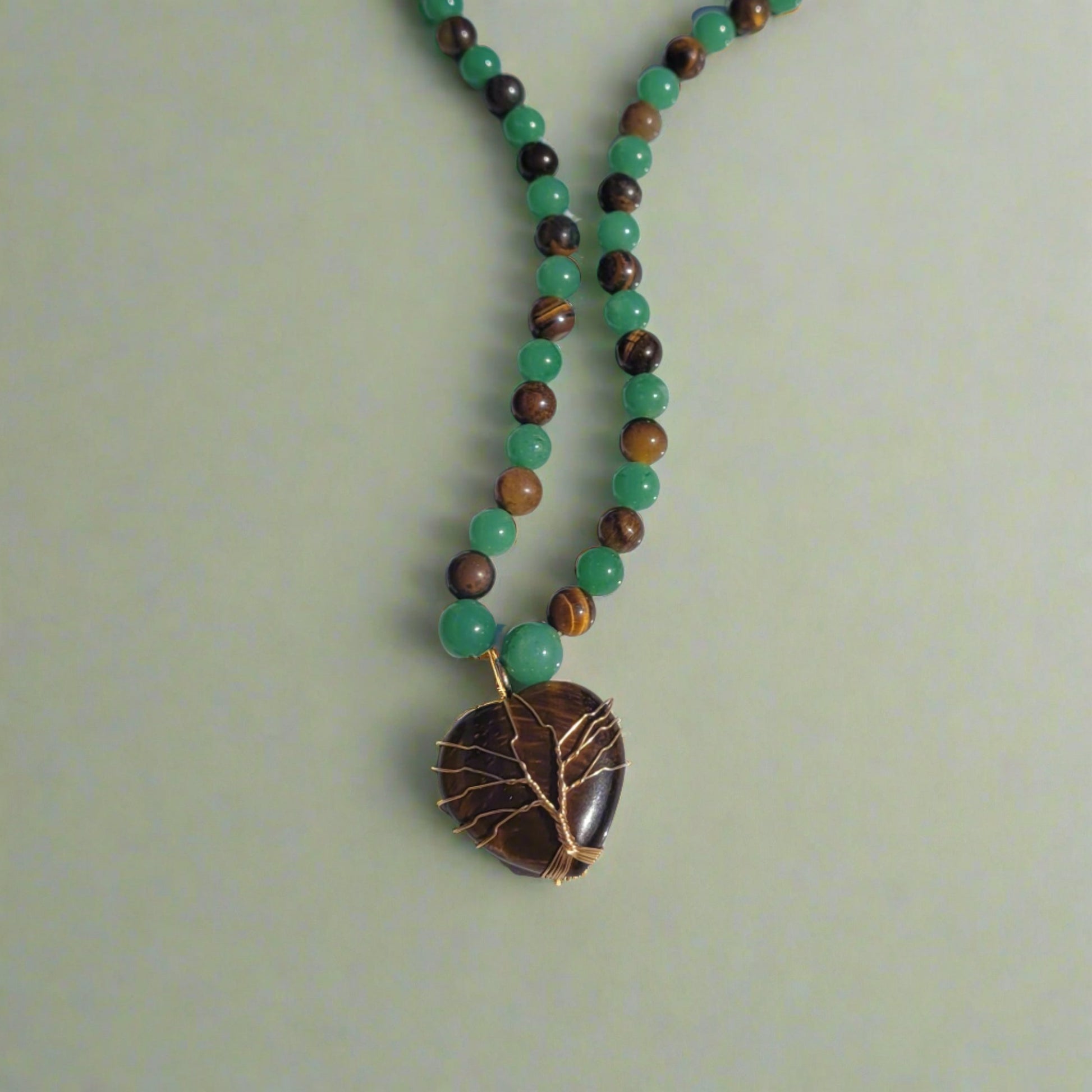 Green Aventurine Heart Golden Tree of Life Pendant Tiger's Eye Green Aventurine Beaded Necklace