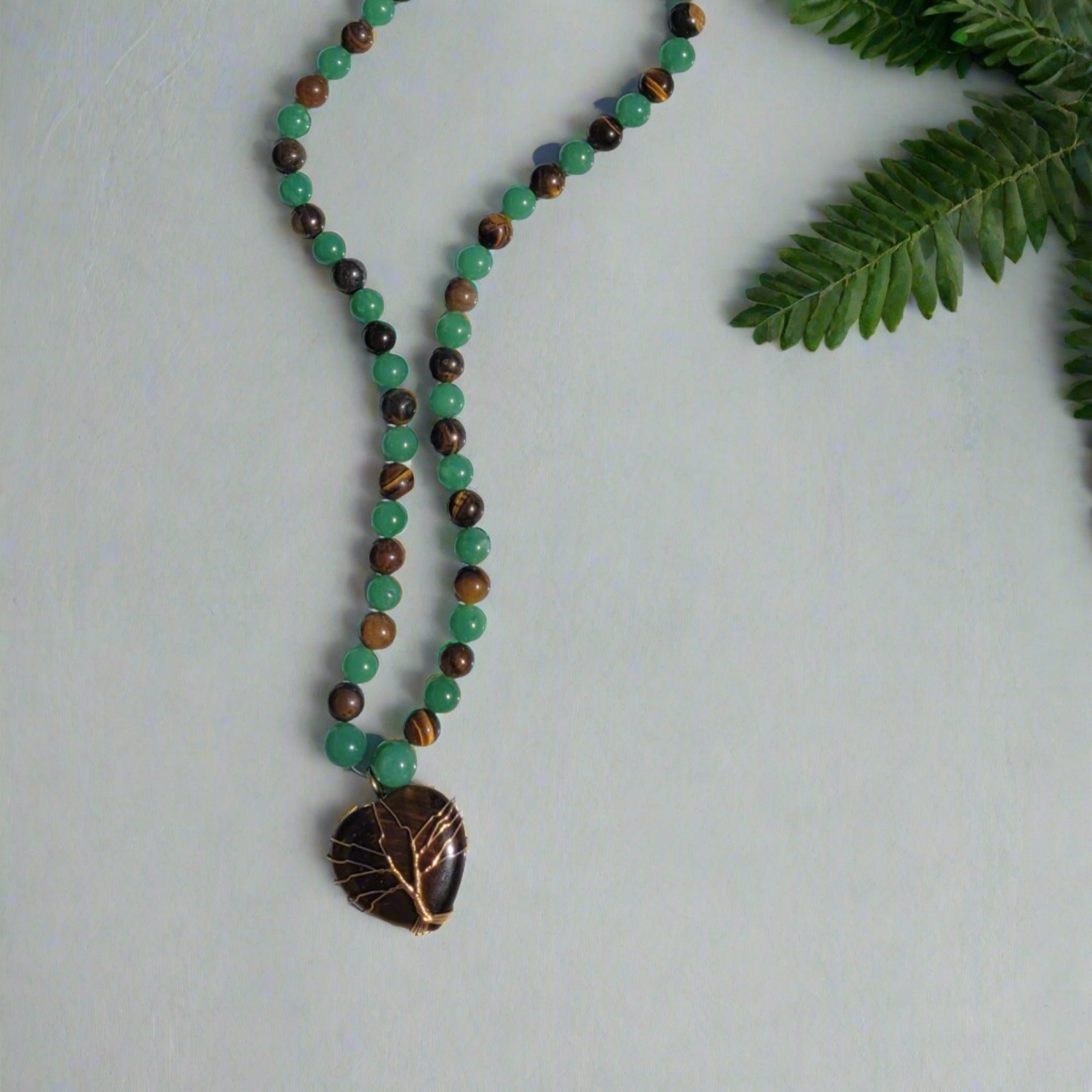 Green Aventurine Heart Golden Tree of Life Pendant Tiger's Eye Green Aventurine Beaded Necklace