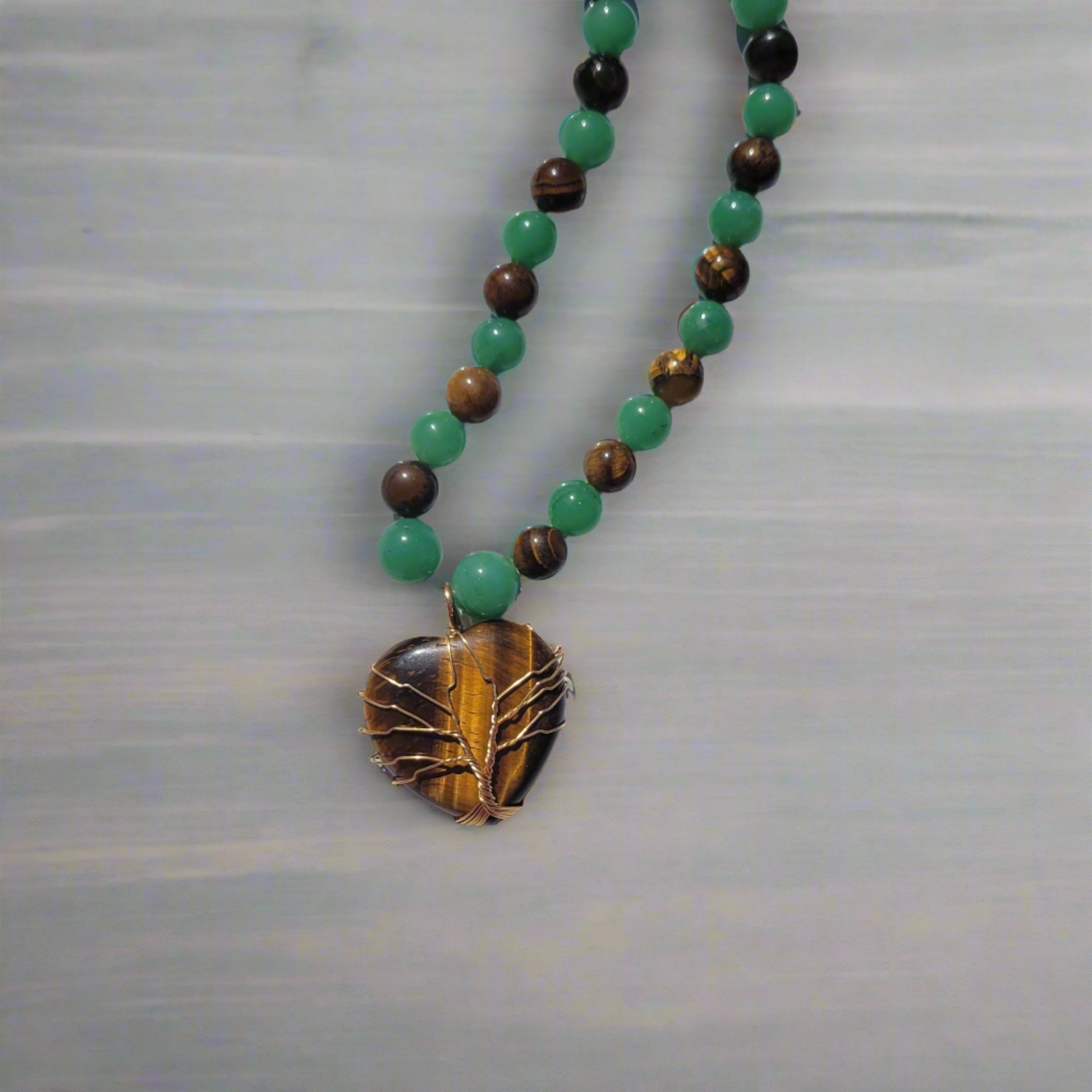 Green Aventurine Heart Golden Tree of Life Pendant Tiger's Eye Green Aventurine Beaded Necklace