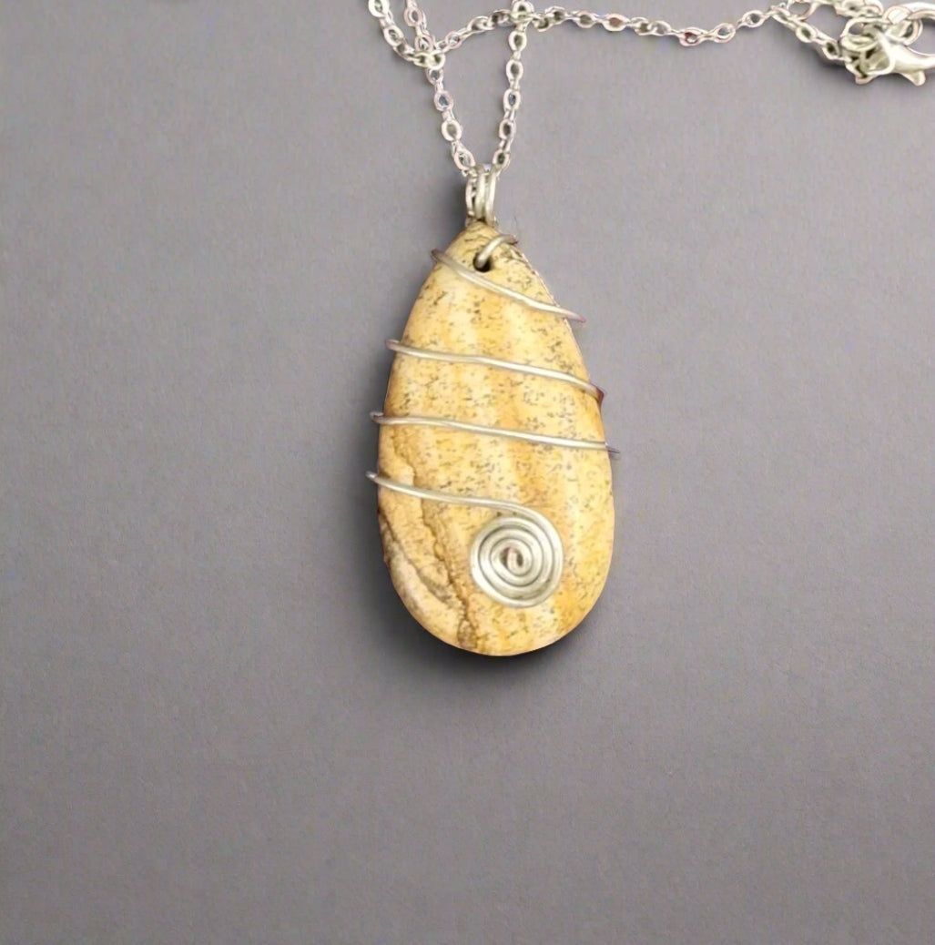 Picture Jasper Teardrop Pendant Wire Wrapped Stone Silver Link Necklace Handmade