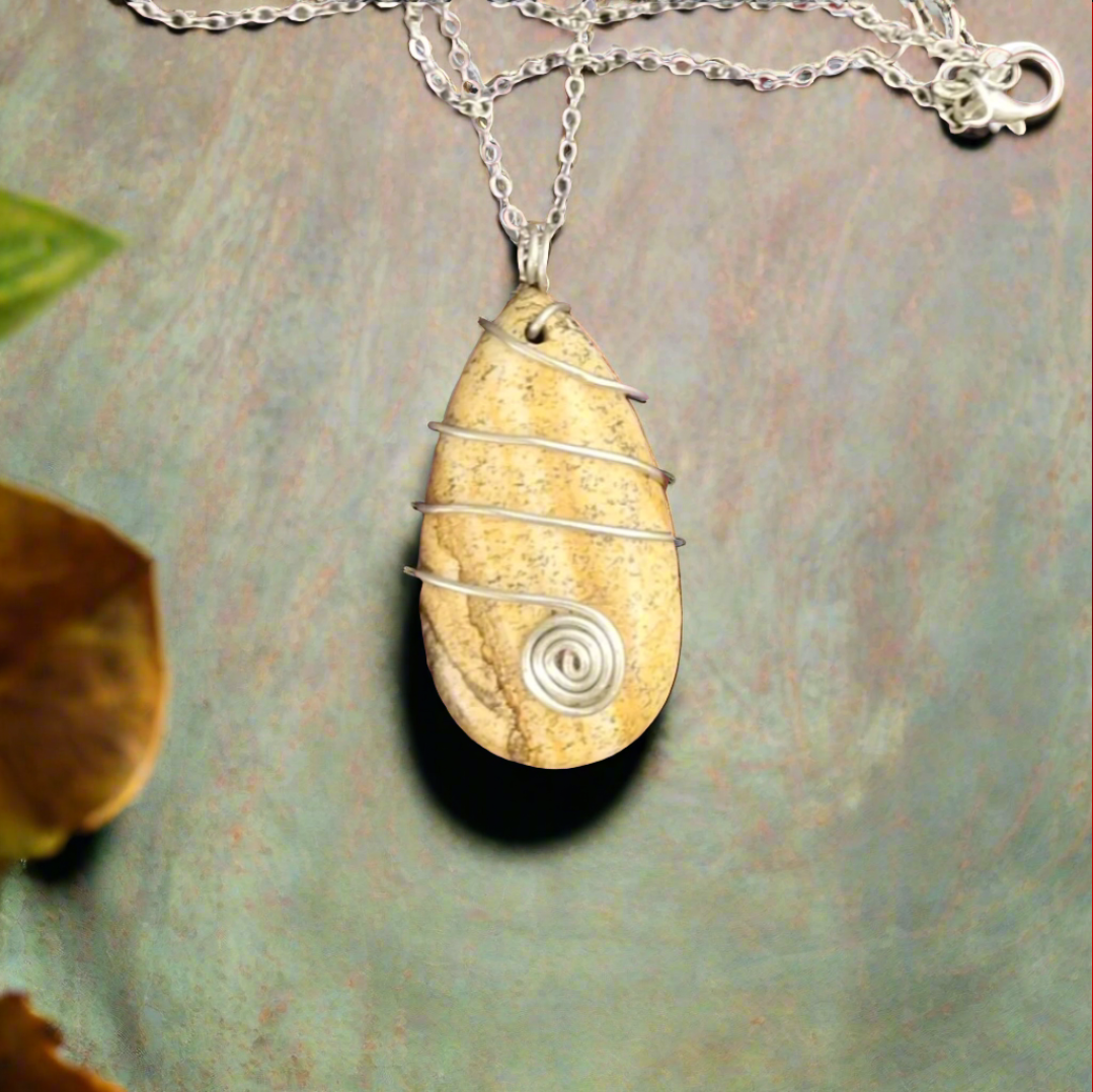 Picture Jasper Teardrop Pendant Wire Wrapped Stone Silver Link Necklace Handmade