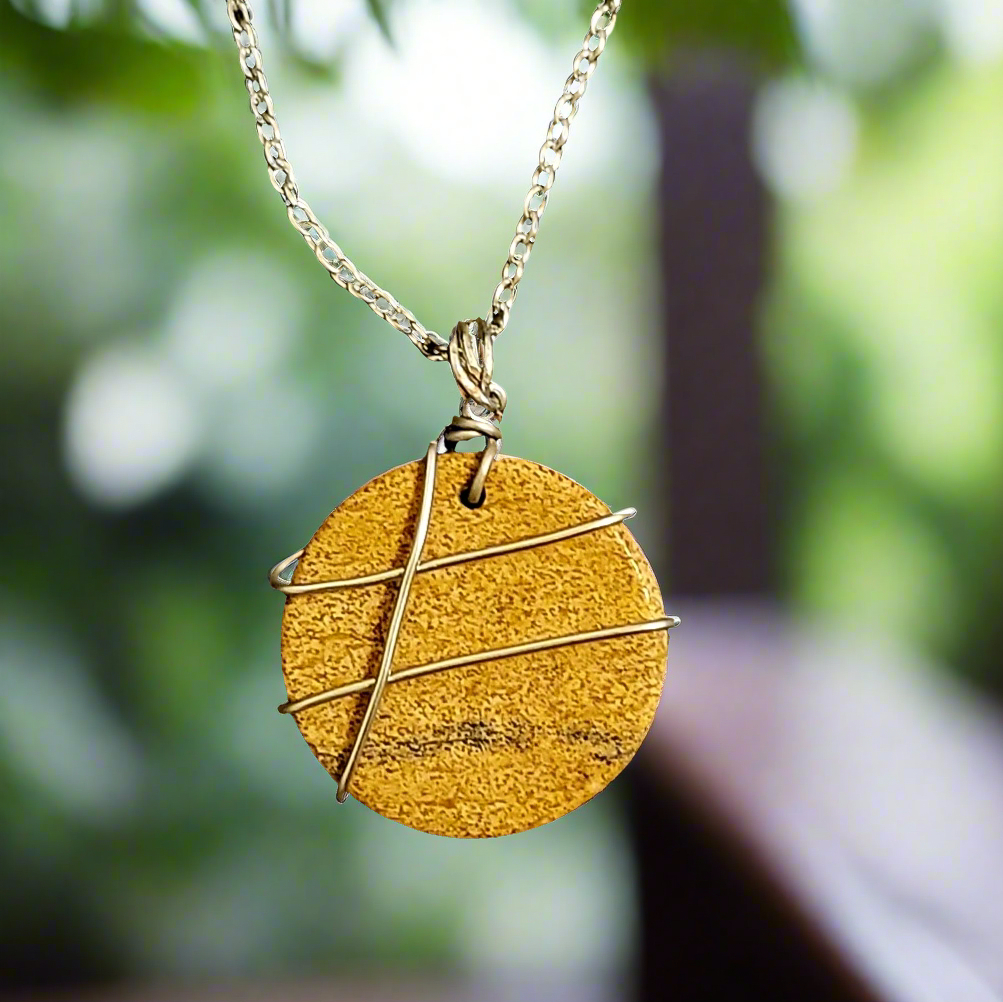 Picture Jasper Round Disc Pendant Perpendicular Lines Wire Wrapped Stone Silver Necklace