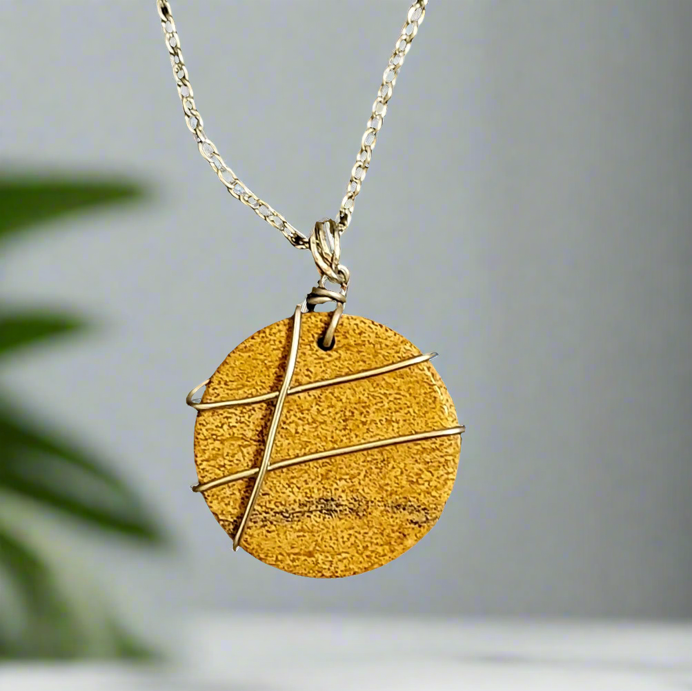 Picture Jasper Round Disc Pendant Perpendicular Lines Wire Wrapped Stone Silver Necklace