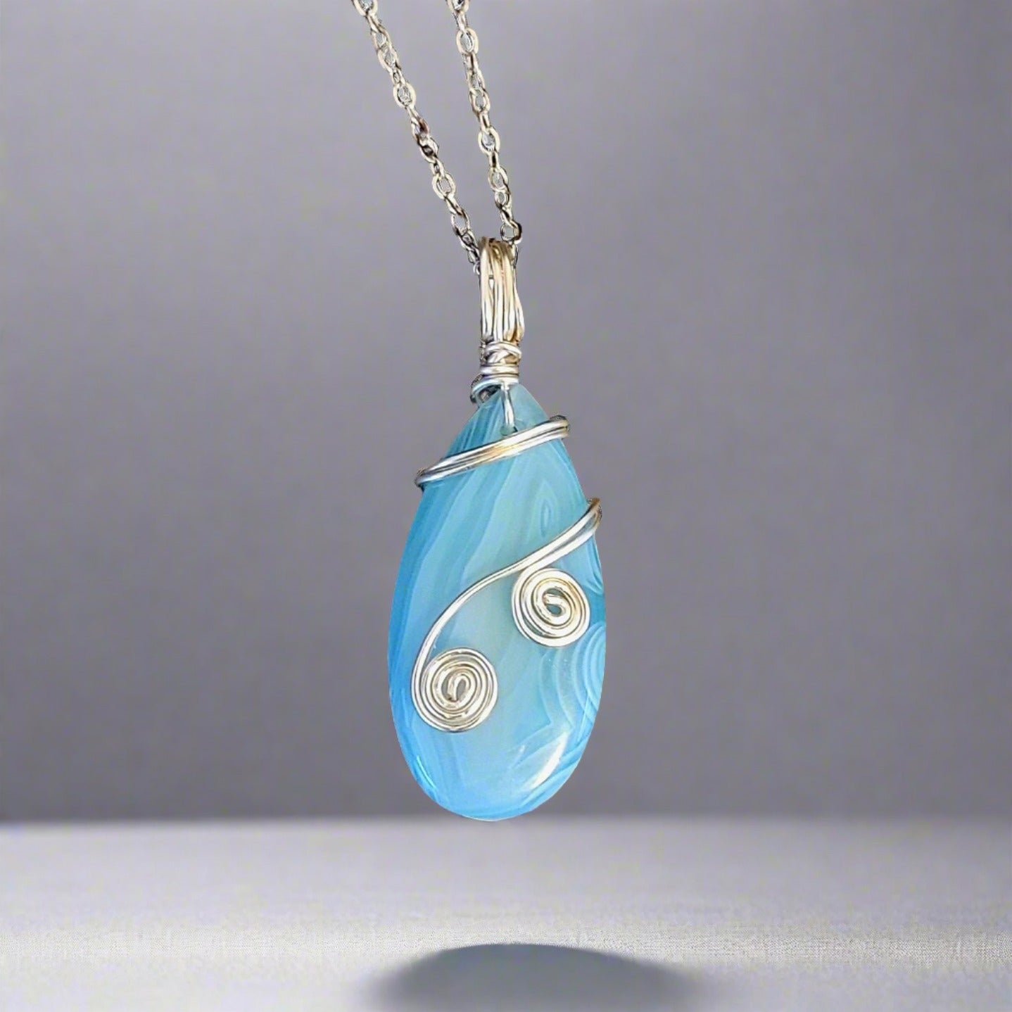 Blue & White Stripe Agate Teardrop Pendant Silver Wire Wrapped Amulet Necklace