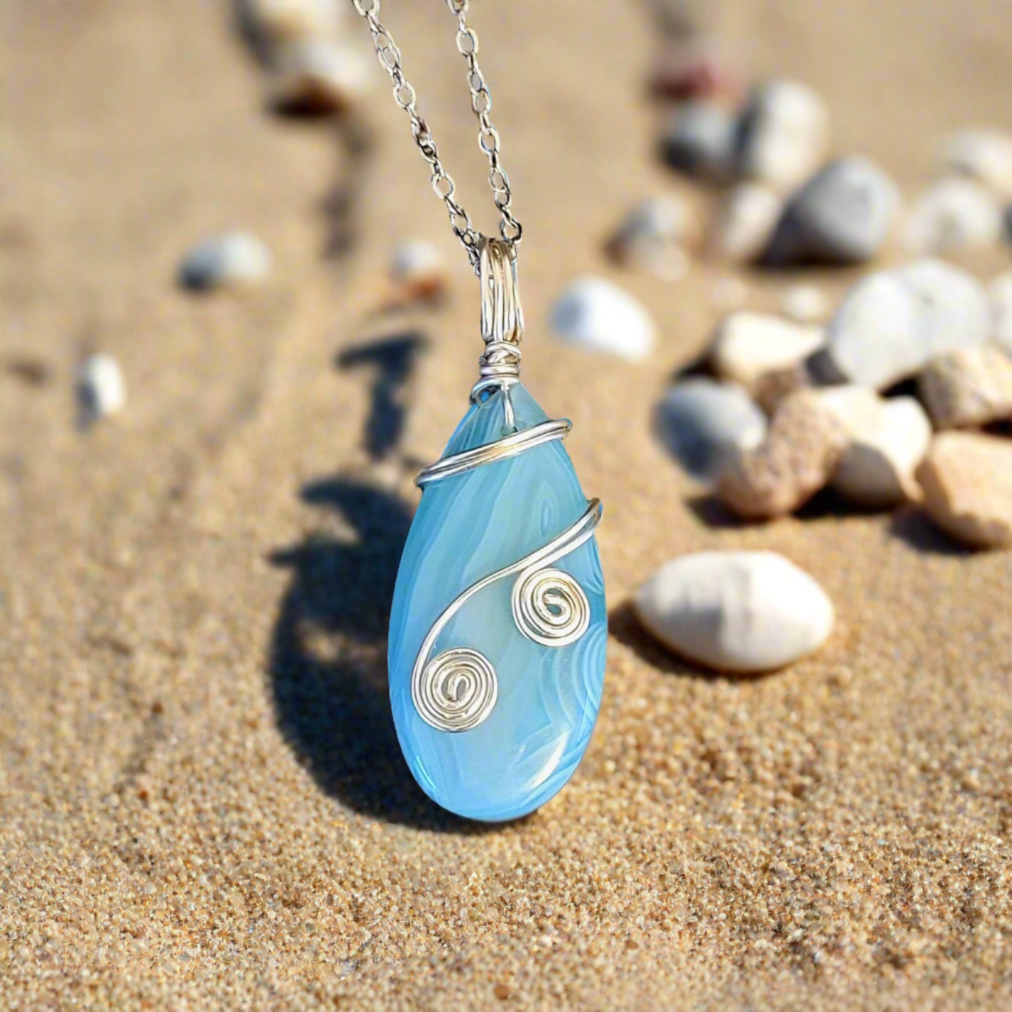 Blue & White Stripe Agate Teardrop Pendant Silver Wire Wrapped Amulet Necklace