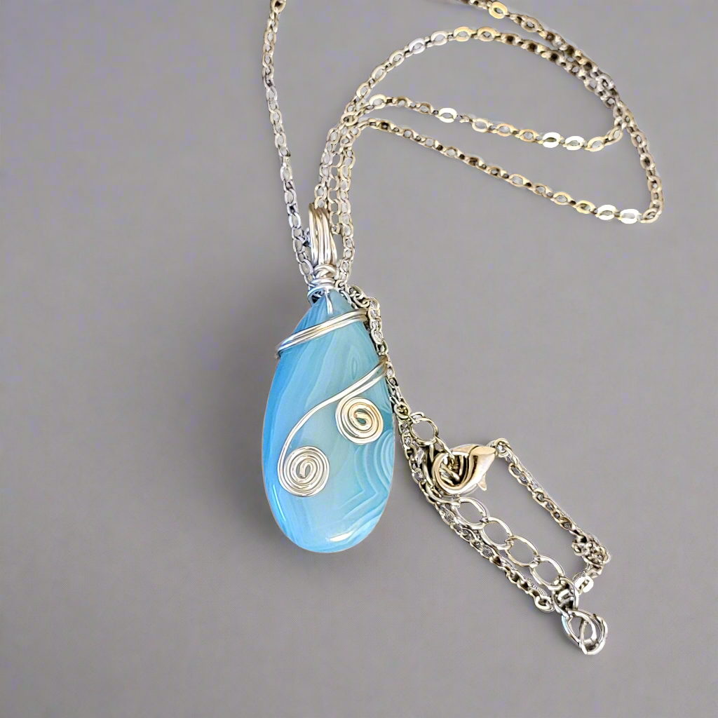 Blue & White Stripe Agate Teardrop Pendant Silver Wire Wrapped Amulet Necklace