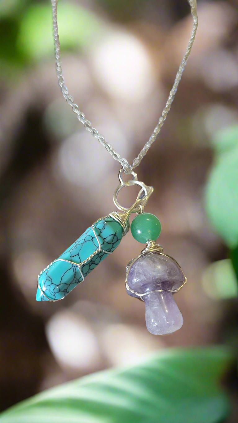 Turquoise & Amethyst Amulet Pendant Lucky Charm Necklace