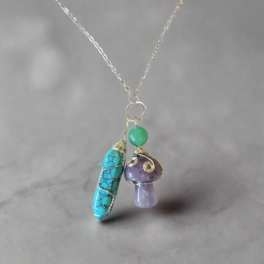 Turquoise & Amethyst Amulet Pendant Lucky Charm Necklace